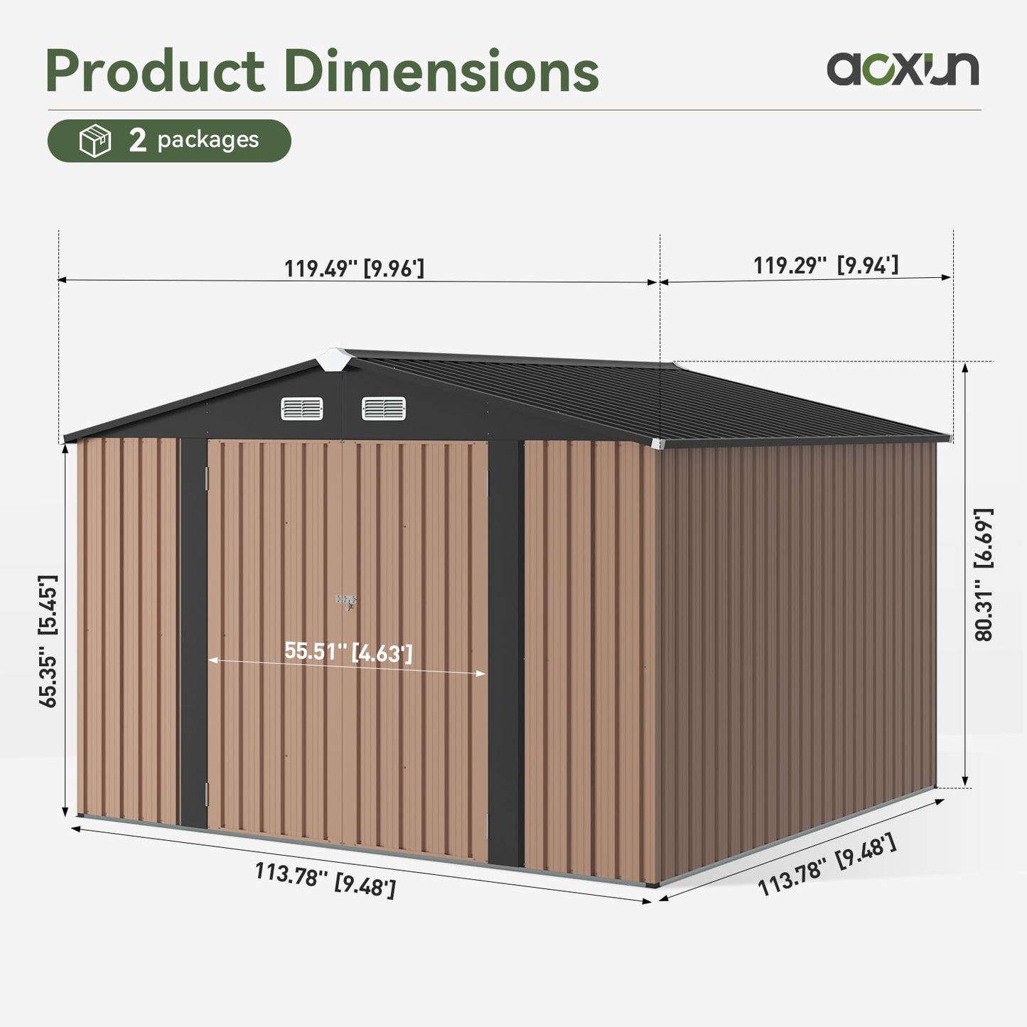 Aoxun 12x10 FT Shed Metal Outdoor Waterproof Storage Shed Steel Utility Garden Tool Shed with Door & Lock Outdoor Storage for Garden Patio Lawn Poolside, Brown