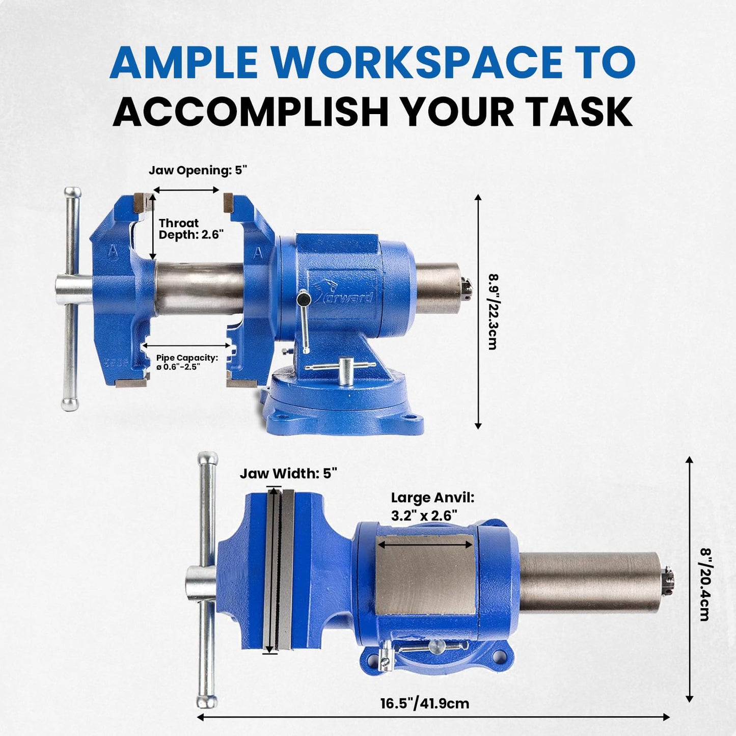 Forward DT08125A 5-Inch Heavy Duty Bench Vise 360-Degree Swivel Base and Head with Anvil (5", Ductile Iron)