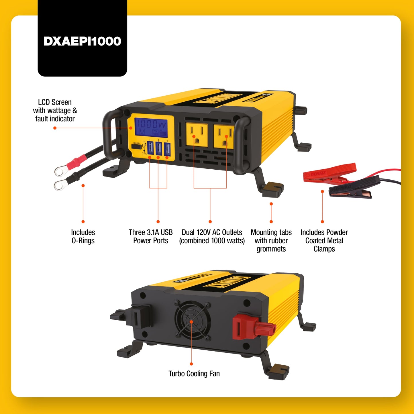 DEWALT DXAEPI1000 Power Inverter 1000W Car Converter with LCD Display: Dual 120V AC Outlets, 3.1A USB Ports, Battery Clamps
