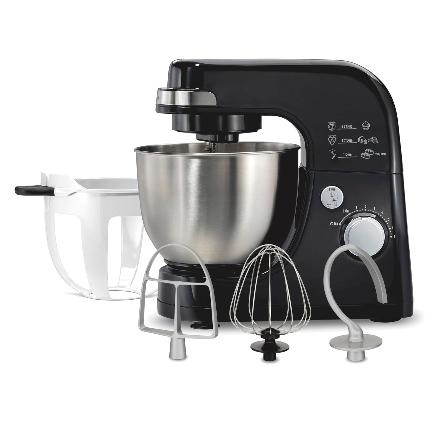 Hamilton Beach Electric Stand Mixer, 4 Quarts, Dough Hook, Flat Beater Attachments, Splash Guard 7 Speeds with Whisk, Black