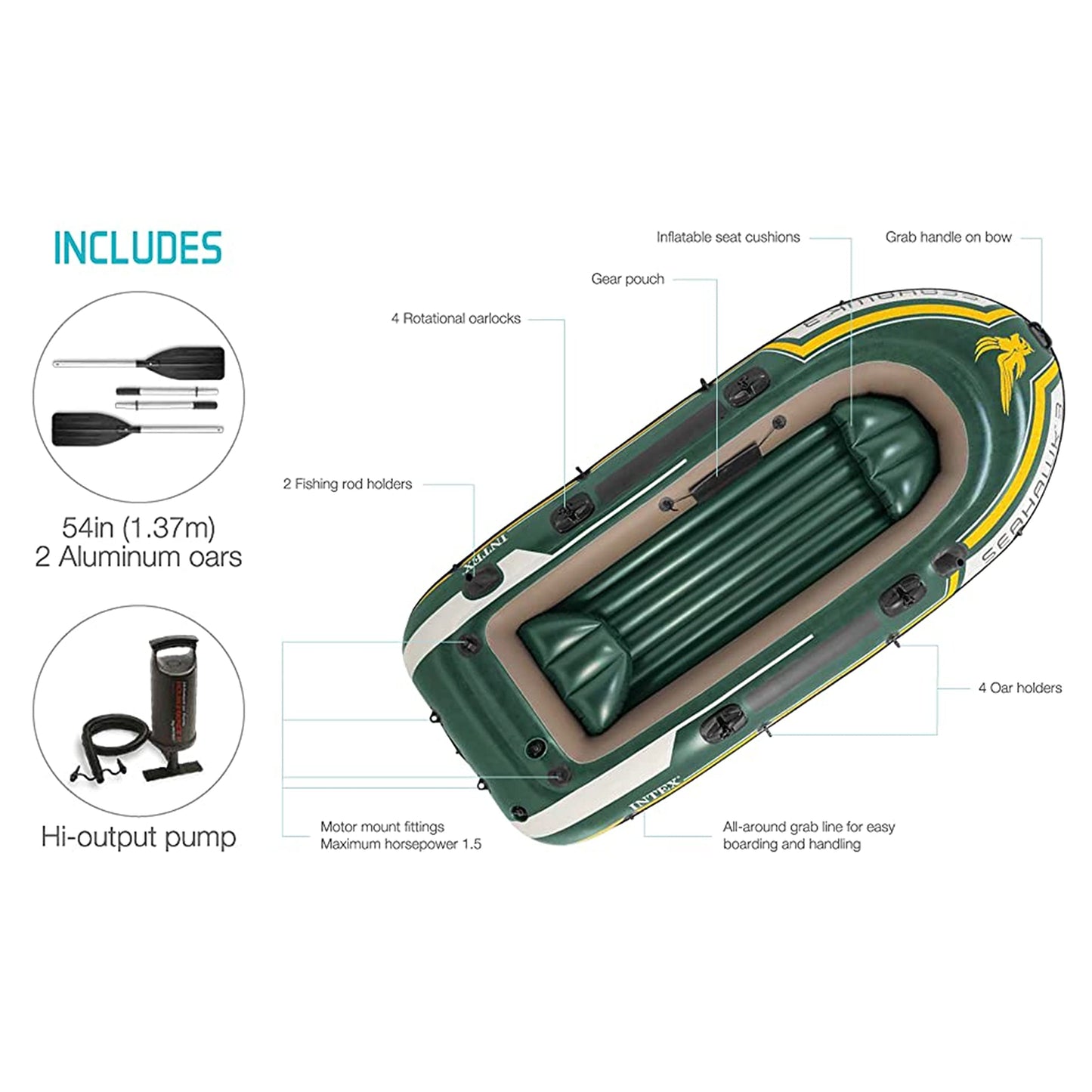 INTEX Seahawk Inflatable Boat Series: Includes Deluxe Aluminum Oars and High-Output Pump – SuperStrong PVC – Fishing Rod Holders – Heavy Duty Grab Handles – Gear Pouch