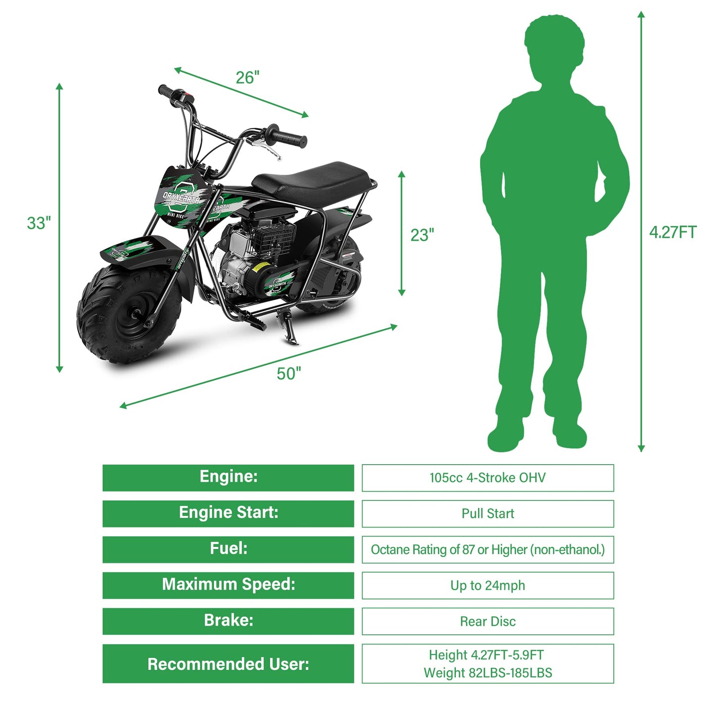 Oryxearth Mini Dirt Bike for Kids, 105CC 4-Stroke Kid Gas Powered Off-Road Pocket Pit Trail Motorcycle W/EPA Approved, Up to 24 Mph Weight Support 185 LBS
