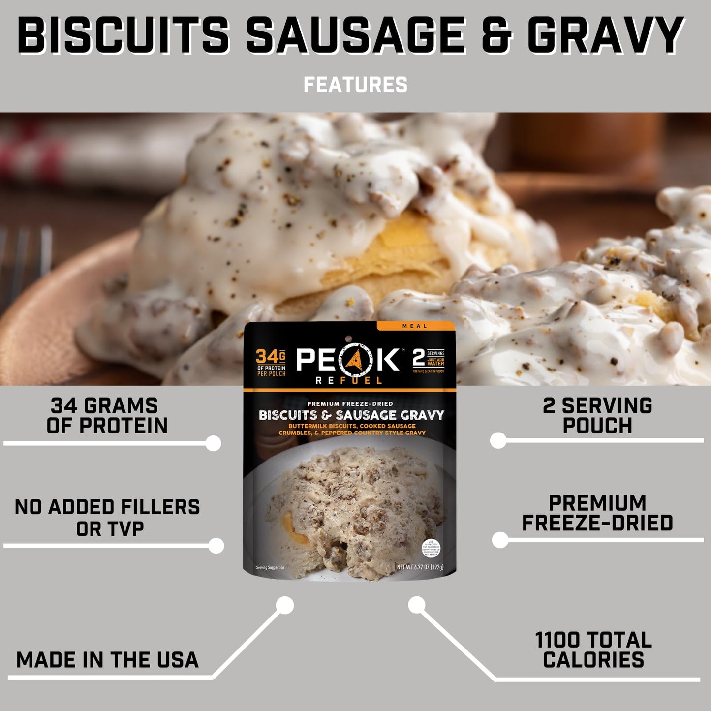 Peak Refuel Biscuits and Gravy | Premium Freeze Dried Camping Food | Backpacking & Hiking MRE Meals | Just Add Water | 100% Real Meat | 34g of Protein | 2 Serving Pouch (2 Serving Pouch)