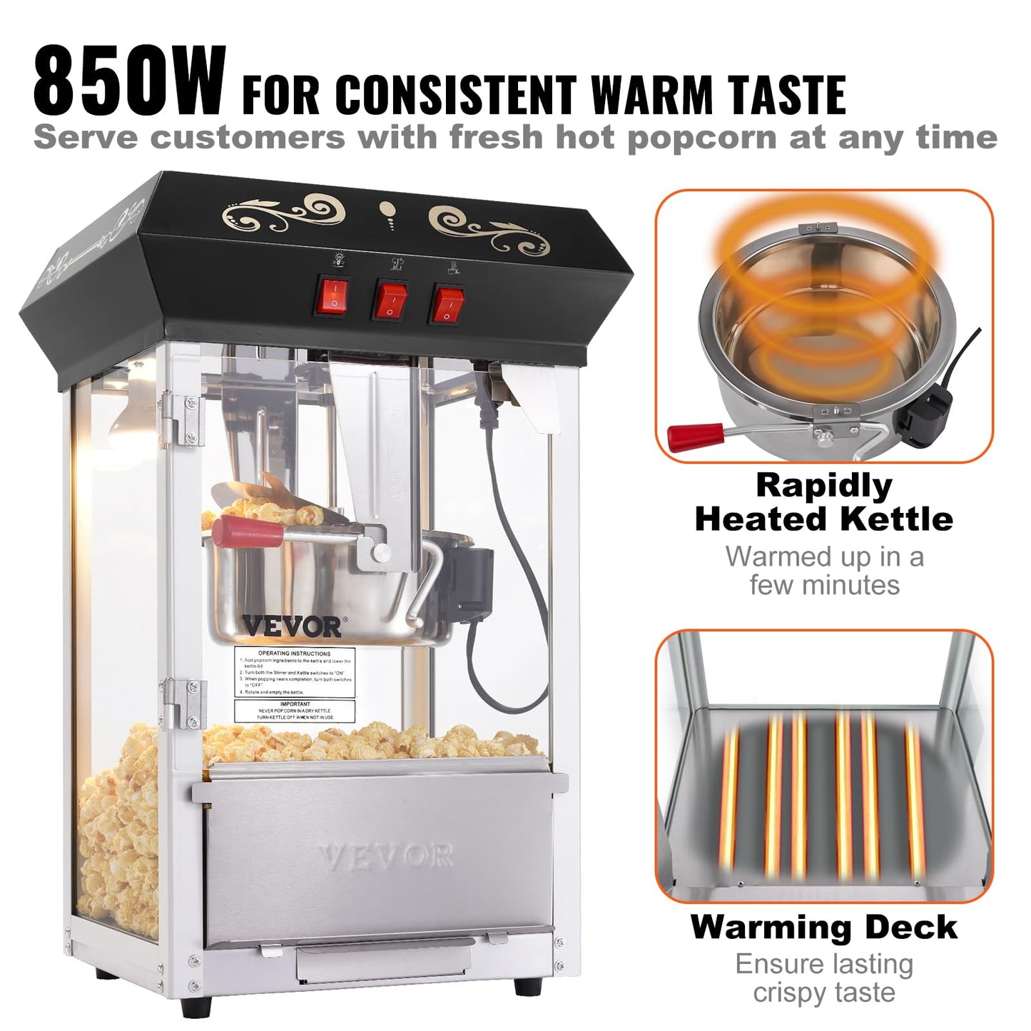 VEVOR Commercial Popcorn Machine, 8 Oz Kettle, 850 W Countertop Popcorn Maker for 48 Cups per Batch, Theater Style Popper with 3-Switch Control Steel Frame Tempered Glass Doors 2 Scoops 2 Spoons, Red