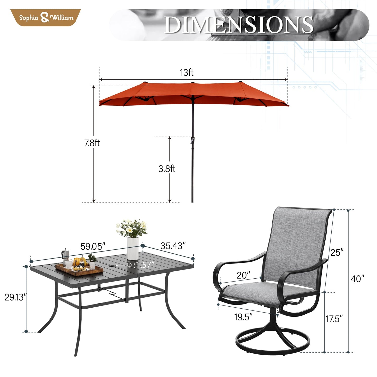 Sophia & William Patio Set with Umbrella 8 Pieces Outdoor Dining Set for 6 with 13ft Double-Sided Patio Umbrella Beige, 6 x Swivel Patio Chairs, 1 Metal Table for Lawn Garden