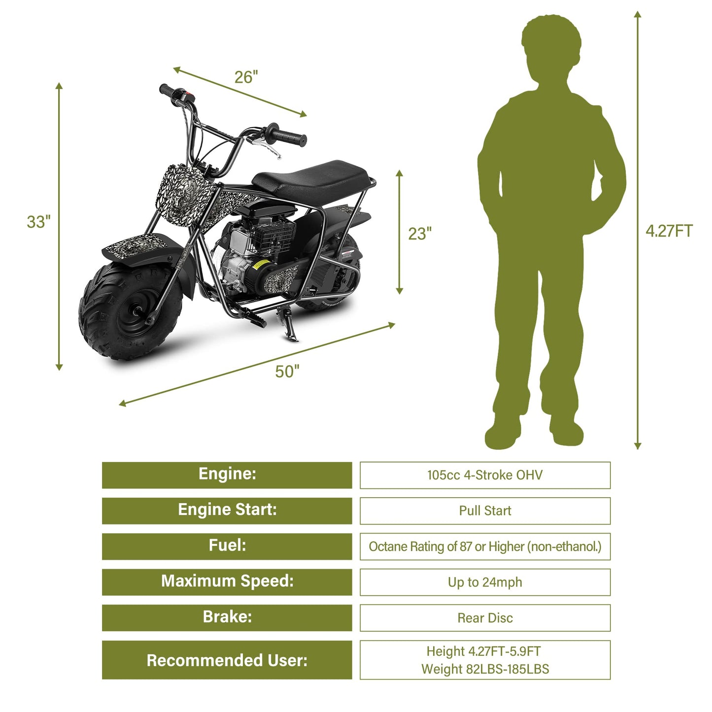 Oryxearth Mini Dirt Bike for Kids, 105CC 4-Stroke Kid Gas Powered Off-Road Pocket Pit Trail Motorcycle W/EPA Approved, Up to 24 Mph Weight Support 185 LBS
