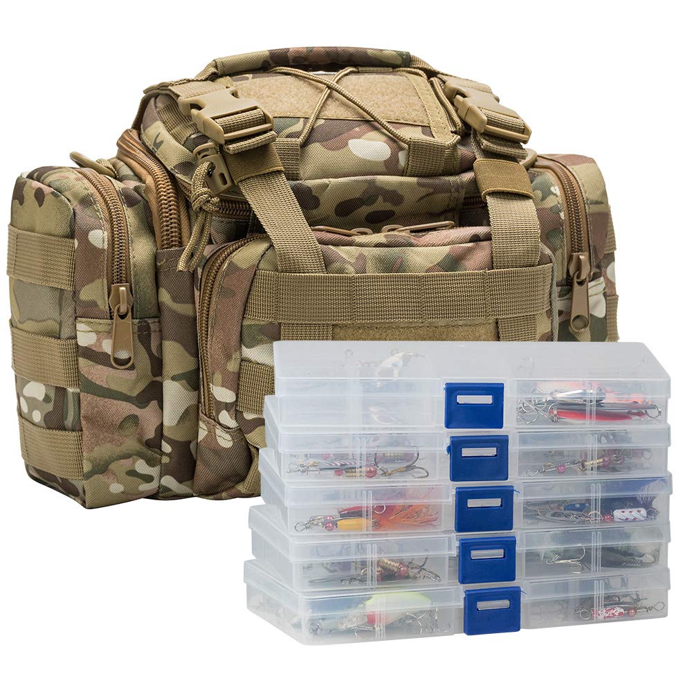 Dr.Fish Fishing Tackle Bag 5 Boxes with 60 Lures Included Loaded Stocked Tackle Box Set Spinner Lures Kit Freshwater Gear Equipment