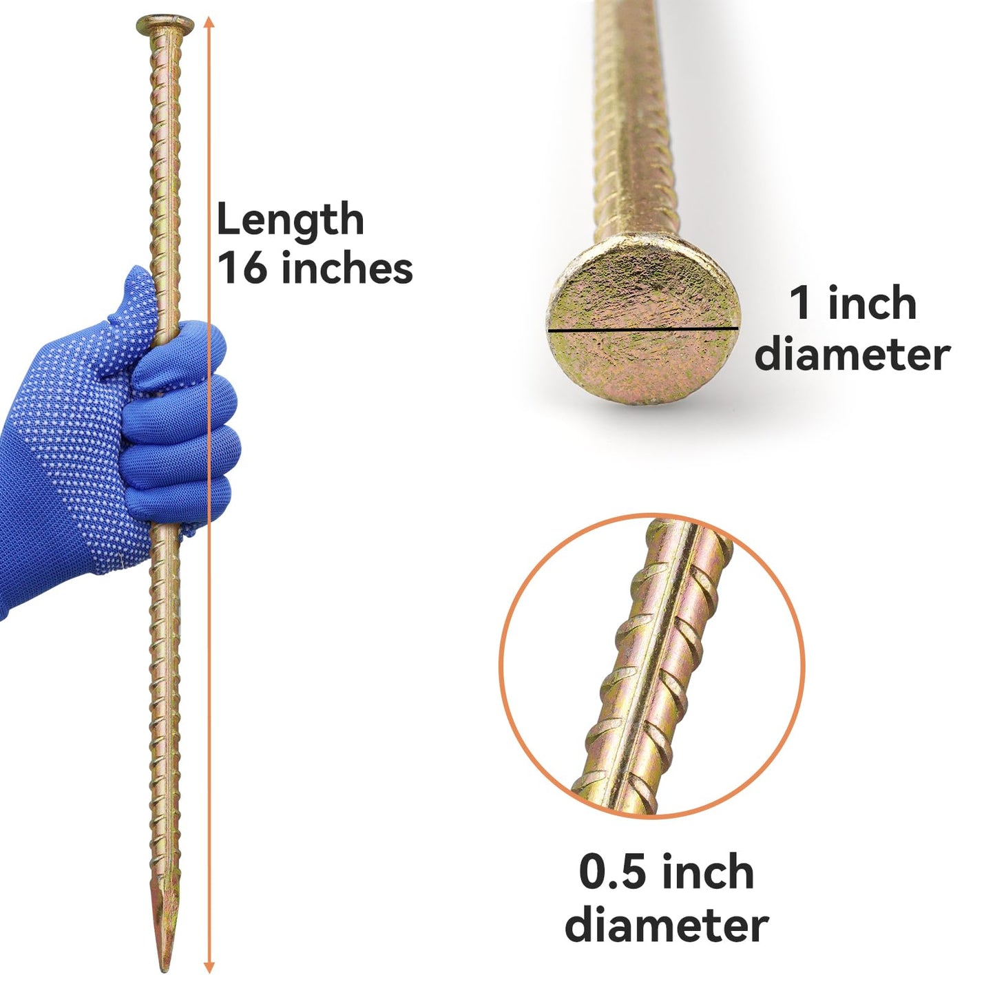 16 Inch Rebar Stakes - 1/2 Inch Diameter Galvanized Steel Ground Anchors - Heavy Duty Plant Support Garden Stake for Speed Bump, Wheel Stop, Tent (6 Pack)