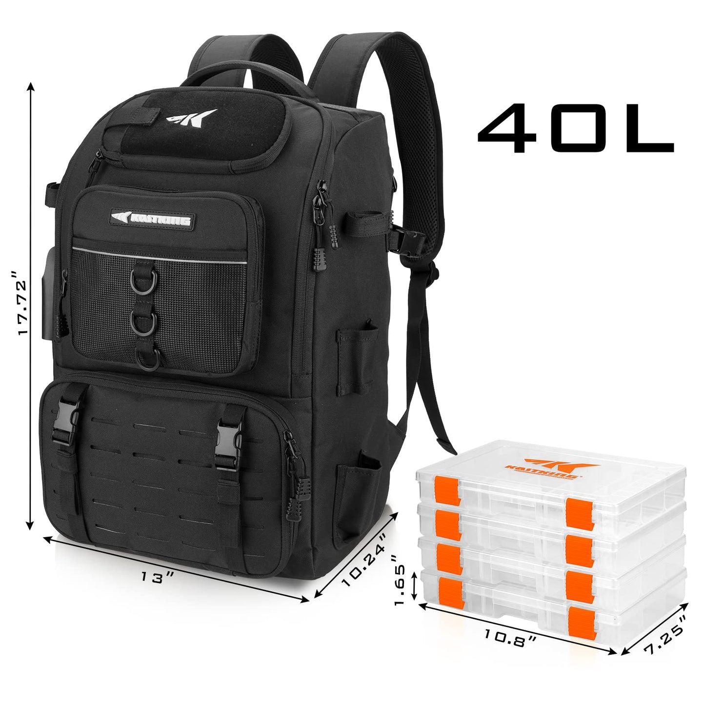 KastKing Karryall Fishing Tackle Backpack with Rod Holders 4 Tackle Boxes,40L Fishing Bag Storage Fishing Gear and Equipment