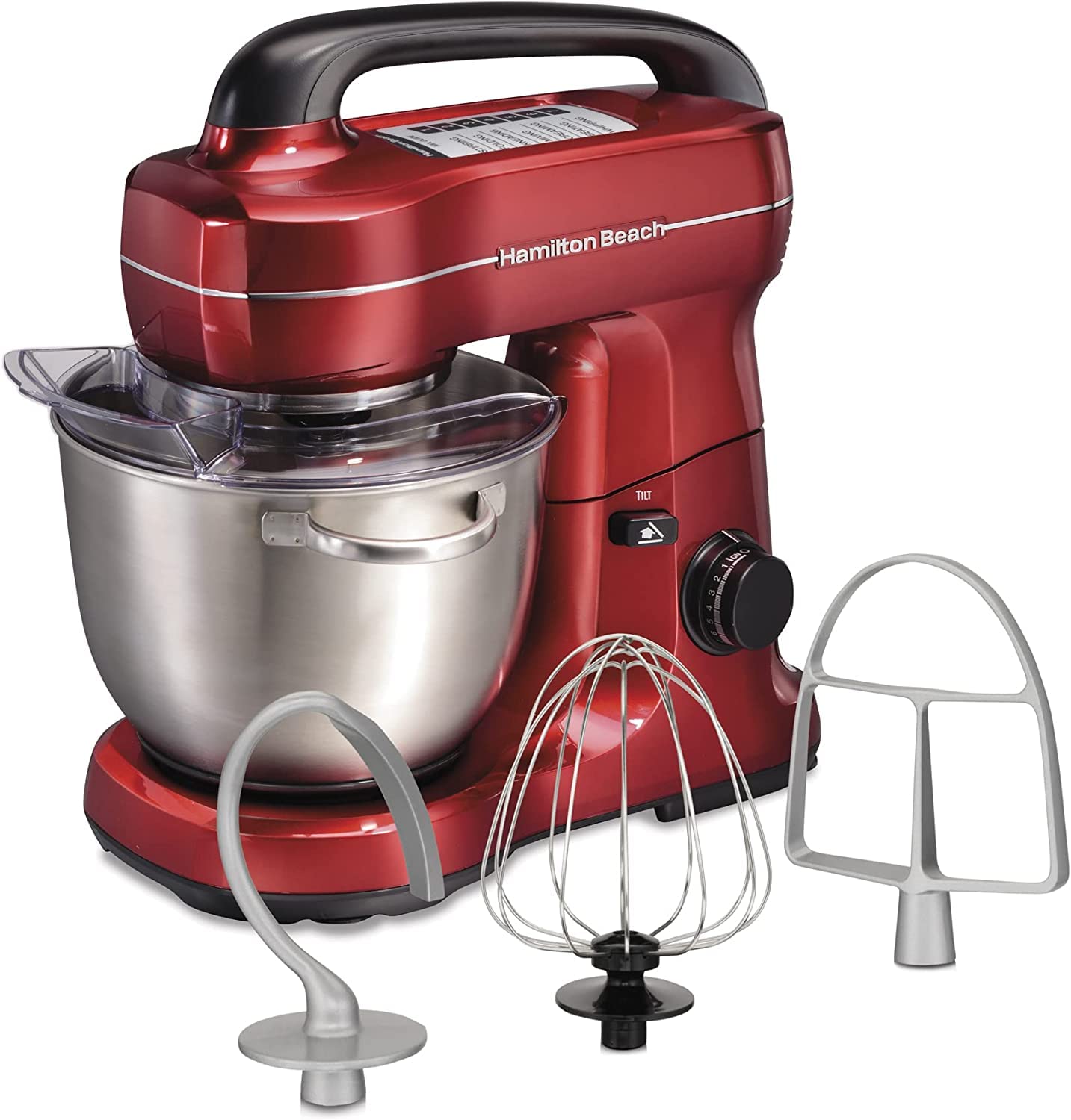 Hamilton Beach Electric Stand Mixer, 4 Quarts, Dough Hook, Flat Beater Attachments, Splash Guard, 7 Speeds with Whisk, Easy-Carry Top Handle, Blue