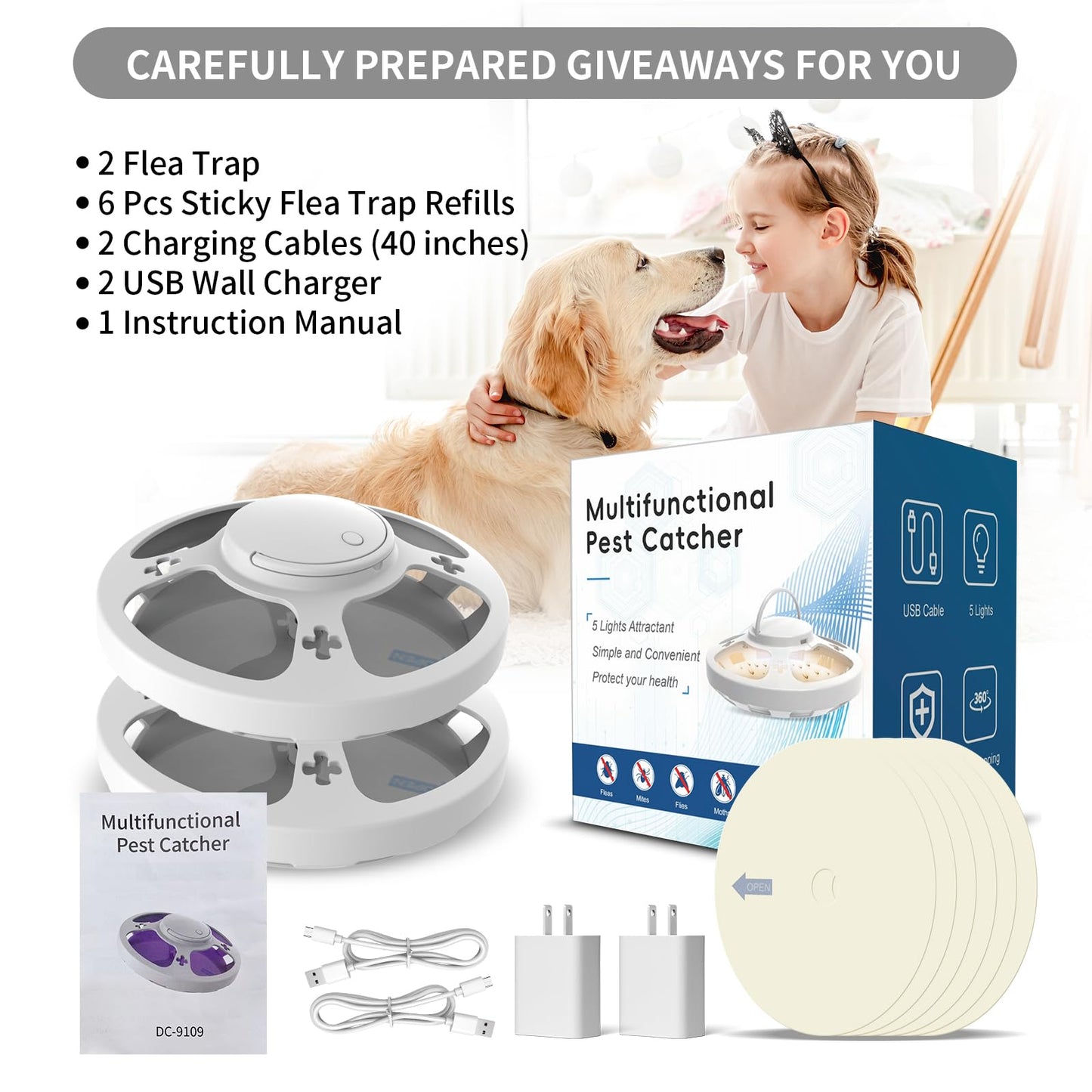 2 Packs Flea Traps for Inside Your Home with 6 Sticky Pads, Flea Light Traps Kills Fleas in House, Hanging Flea Lamp with USB Cable Pest Control for Bugs Moths Gnats Indoor and Outdoor