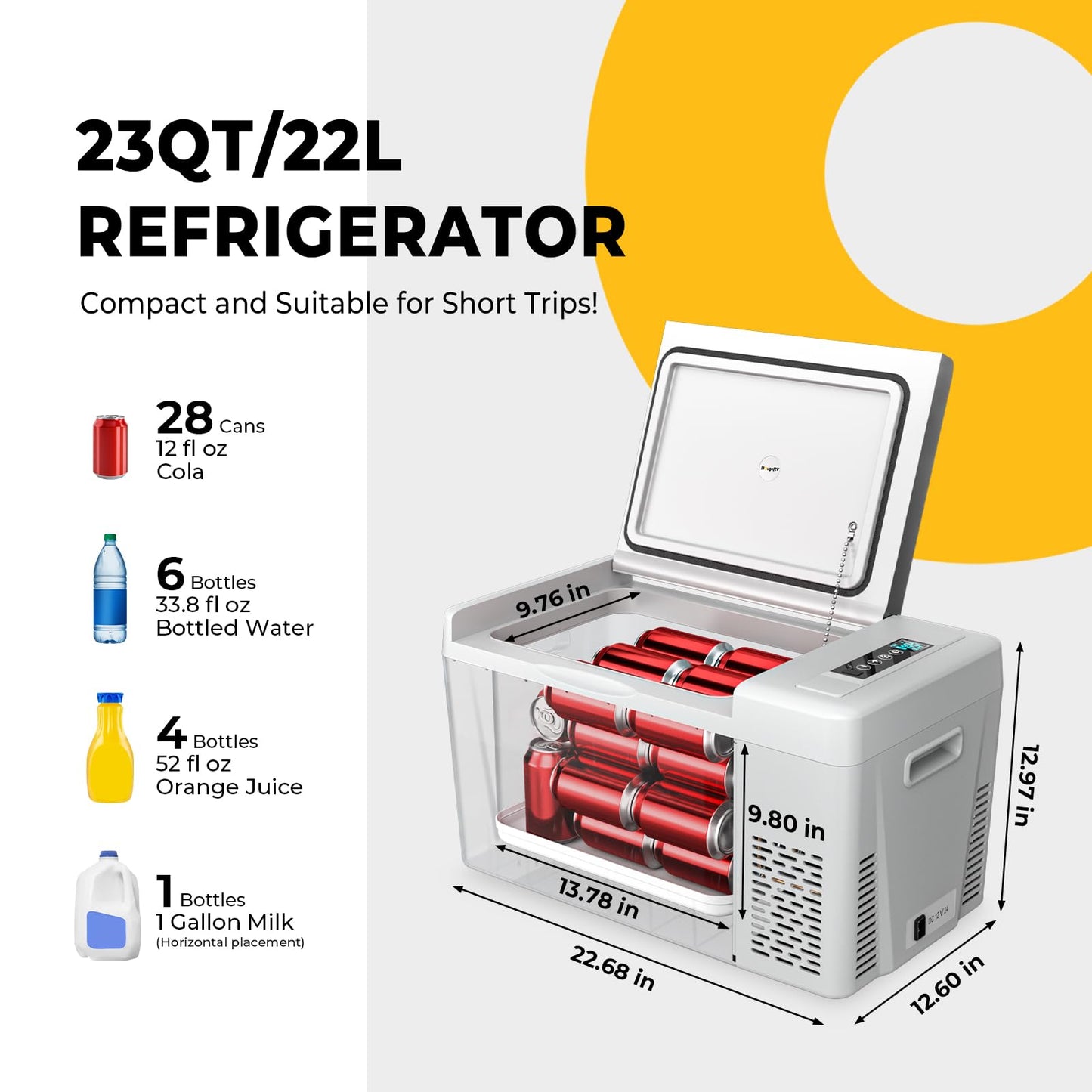 BougeRV 12 Volt Refrigerator 12V Car Fridge 23 Quart Portable Freezer Compressor Cooler 12/24V DC 110~240 Volt AC for Truck Van RV Camper SUV Travel Camping Road Trips Tailgating -7℉~50℉