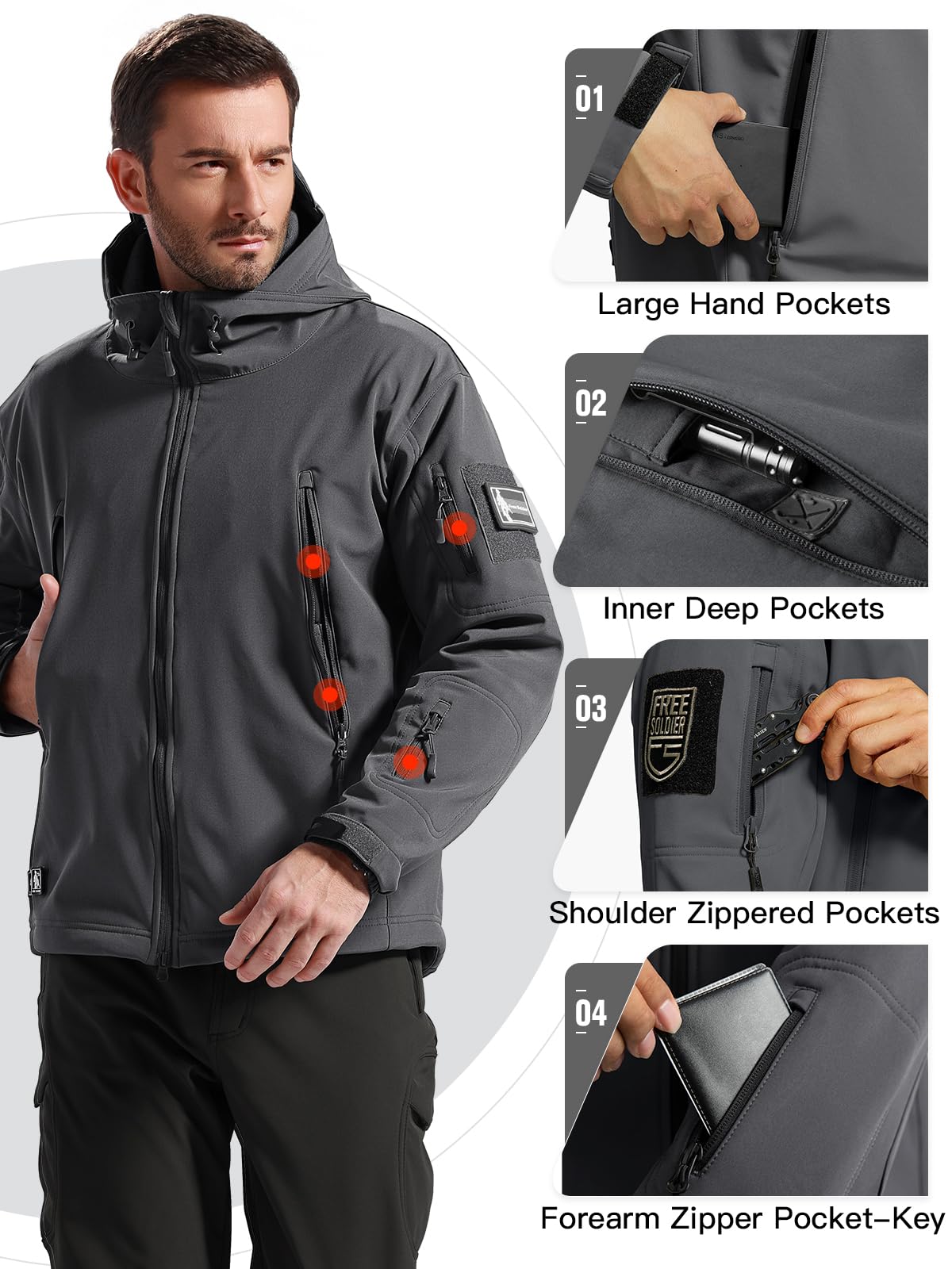 FREE SOLDIER Men's Outdoor Waterproof Soft Shell Hooded Military Tactical Jacket