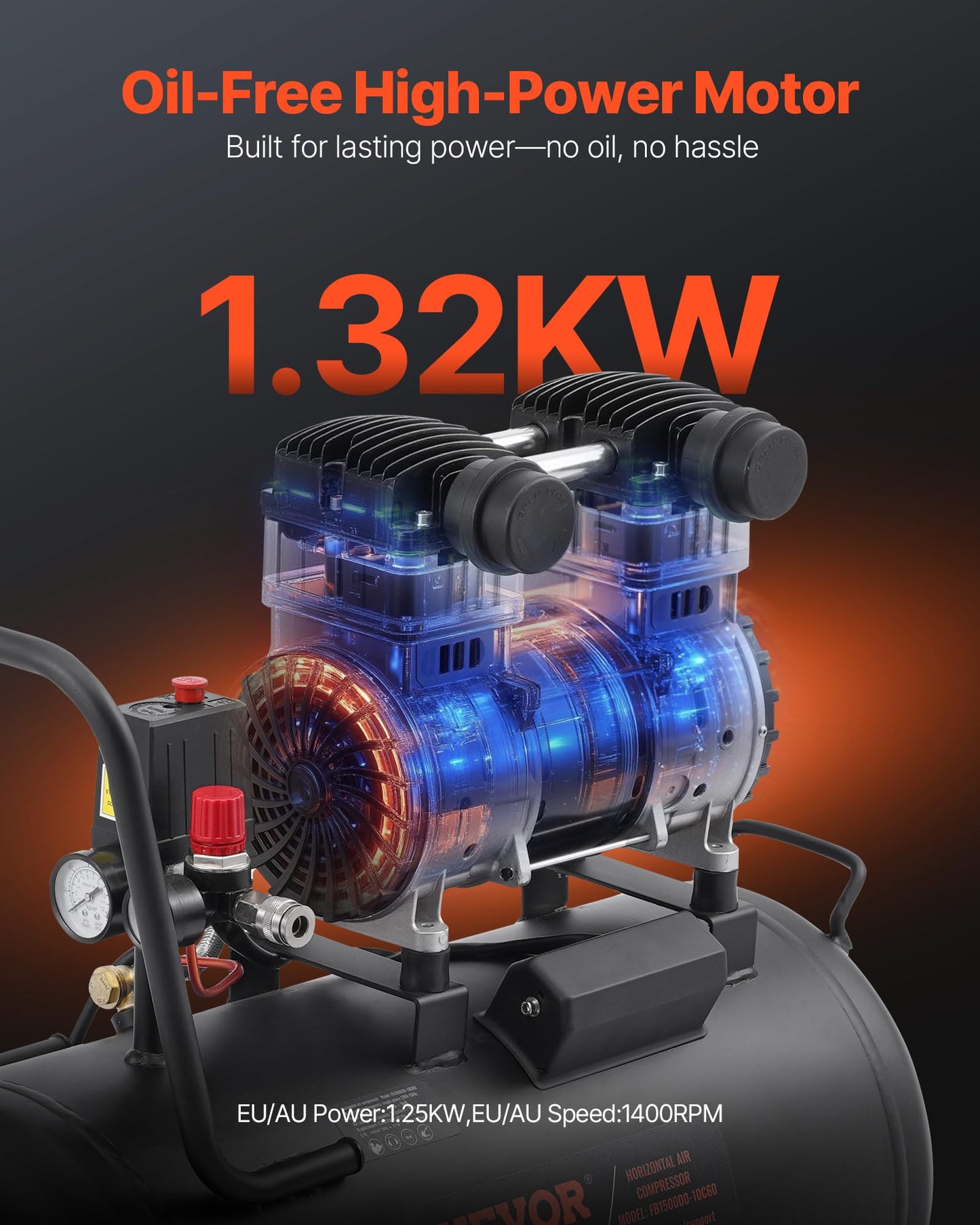 VEVOR 6.3 Gallon Air Compressor, 2 HP 3.35 CFM@90PSI Air Compressors with Max. 116PSI Pressure, Oil Free Compressor Tank for Auto Repair, Tire Inflation, Spray Painting, Woodwork Nailing