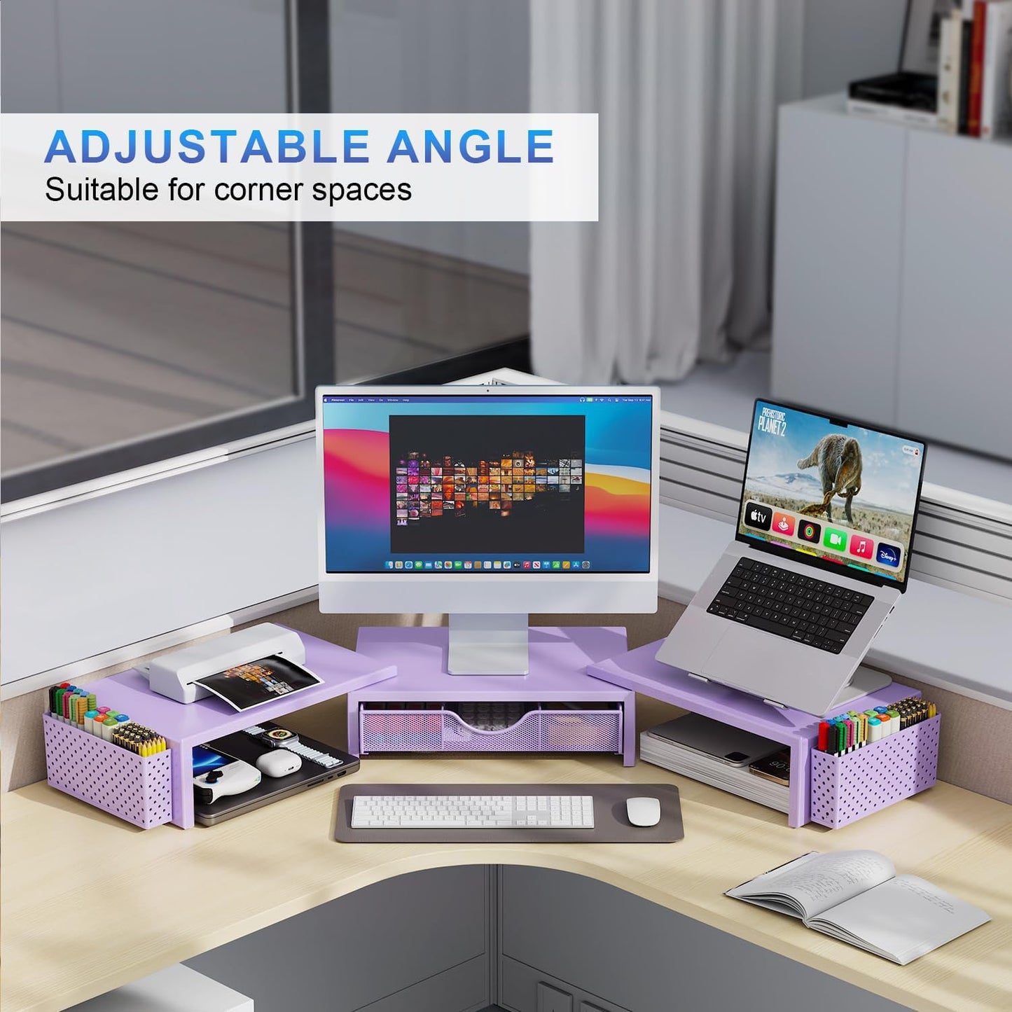gianotter Dual Monitor Stand Riser, Desk Organizer With Drawer and 2 Pen Holders, Desk Organizers and Accessories, Purple Office Decor (Purple)