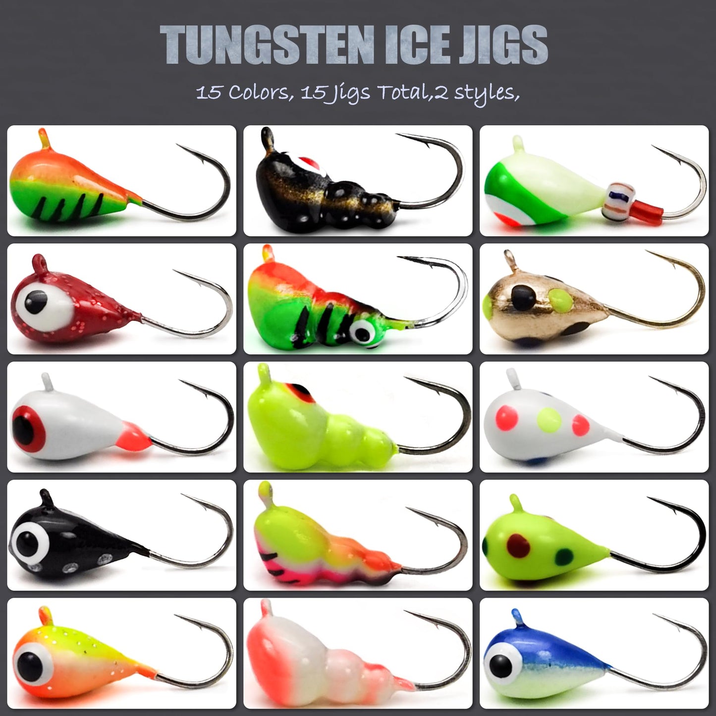 45Pcs Tungsten Ice Fishing Jigs Lures Kit, Micro Glow Tungsten Winter Jig Heads Hooks for Walleye Crappie Panfish Trout, Ice Fishing Gear Equipment Tackle Accessories