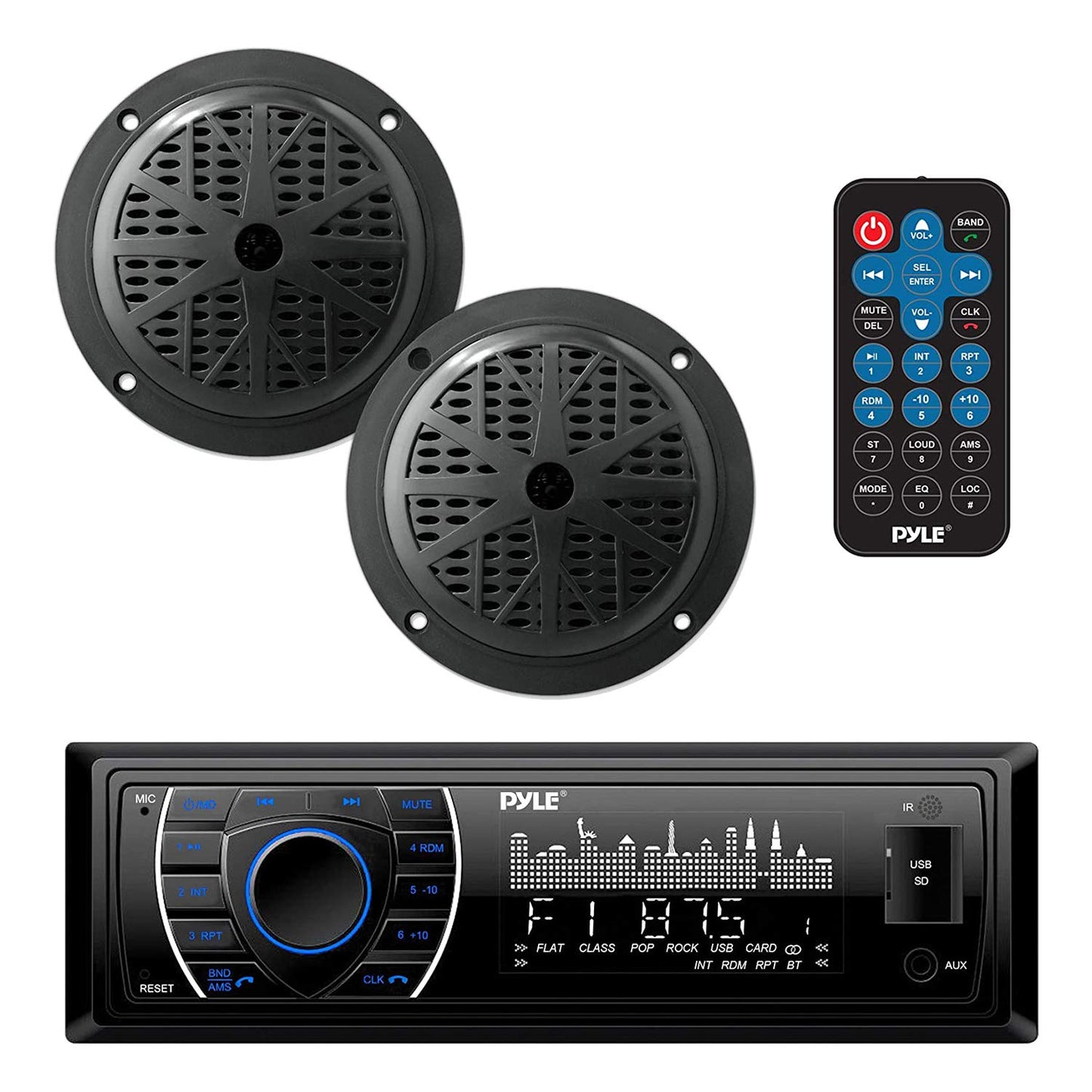 Pyle Marine Receiver & Speaker Kit - In-Dash LCD Digital Stereo Built-in Bluetooth & Microphone w/ AM FM Radio System 5.25’’ Waterproof Speakers (2) MP3/USB/SD Readers & Remote Control - PLMRKT36WT