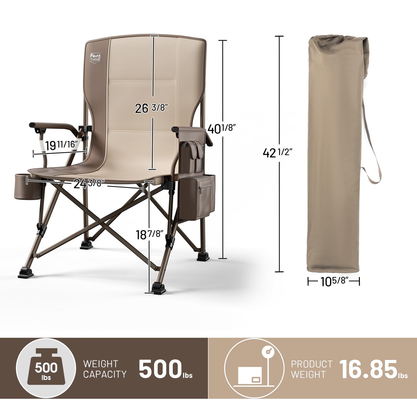 TIMBER RIDGE Oversized Folding Camping Chair High Back Heavy Duty for Adults Support up to 500lbs with Cup Holder, Side Pocket Cooler Bag