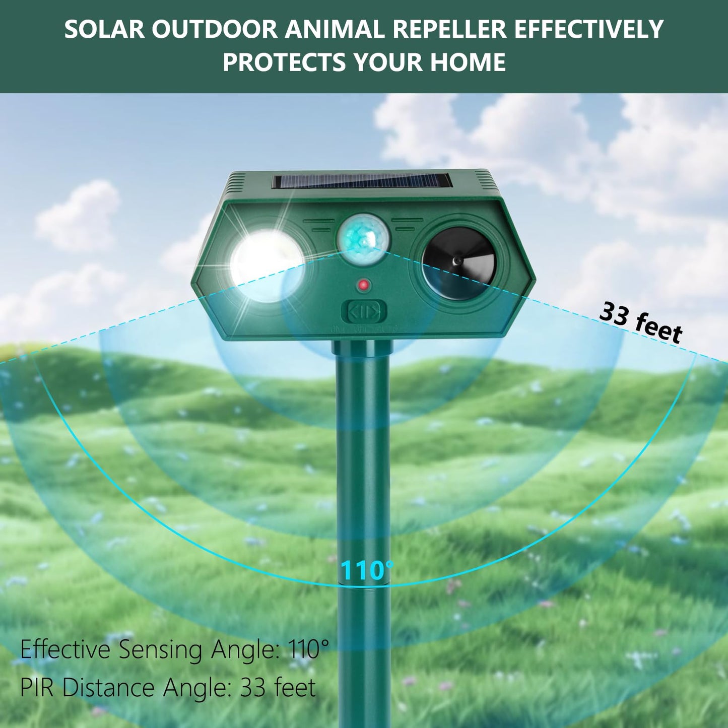 2 Pack 2025 Solar Ultrasonic in Repellent Defender Rat, Squirrel, Deer, Raccoon, Skunk, Rabbit, Mole, Dog, Cat, Waterproof with Motion Detector