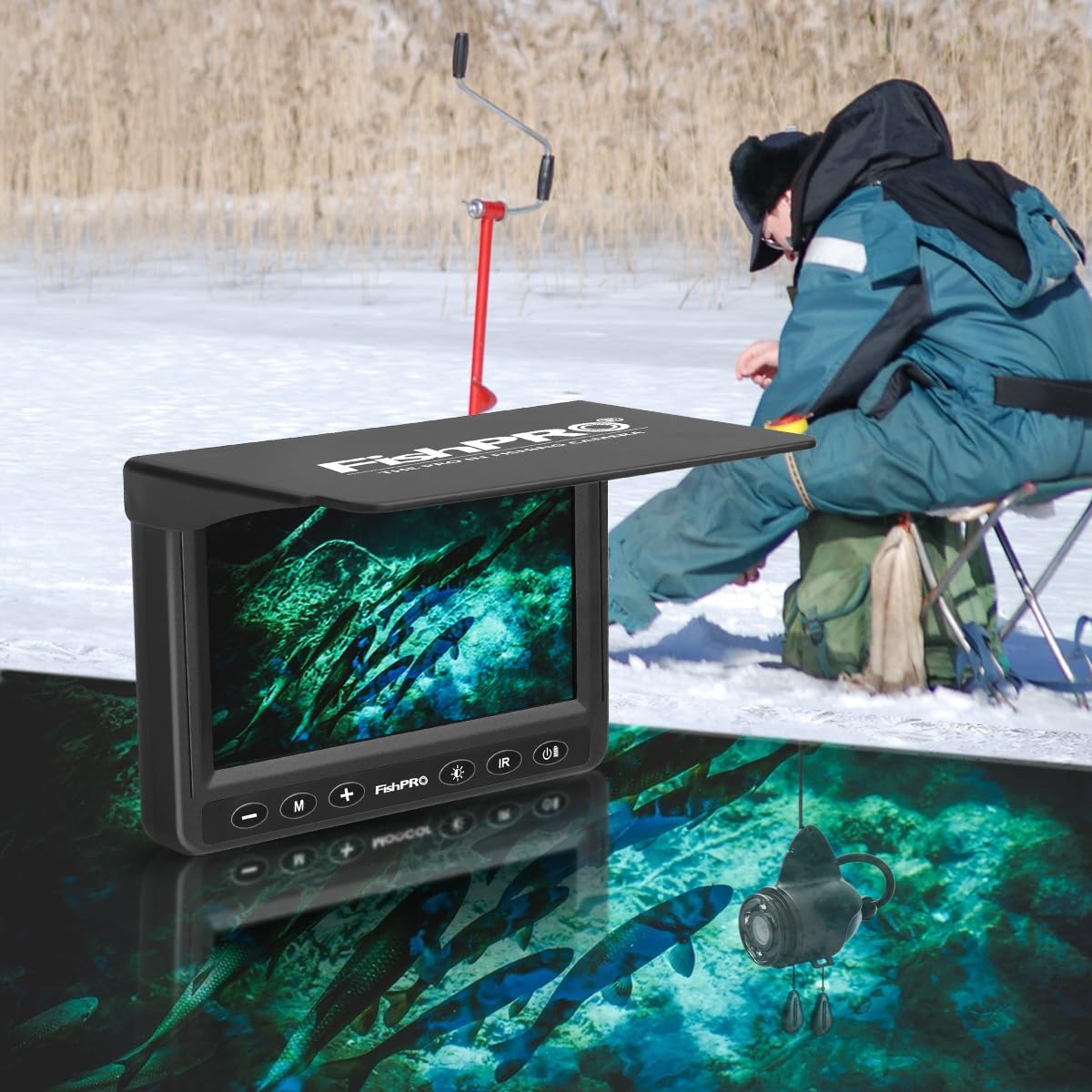 FishPRO Underwater Fishing Camera, Portable Fish Finder Camera HD 1000 TVL Infrared LED with 4.3 Inch LCD Monitor for Ice Lake Sea Boat Kayak Fishing