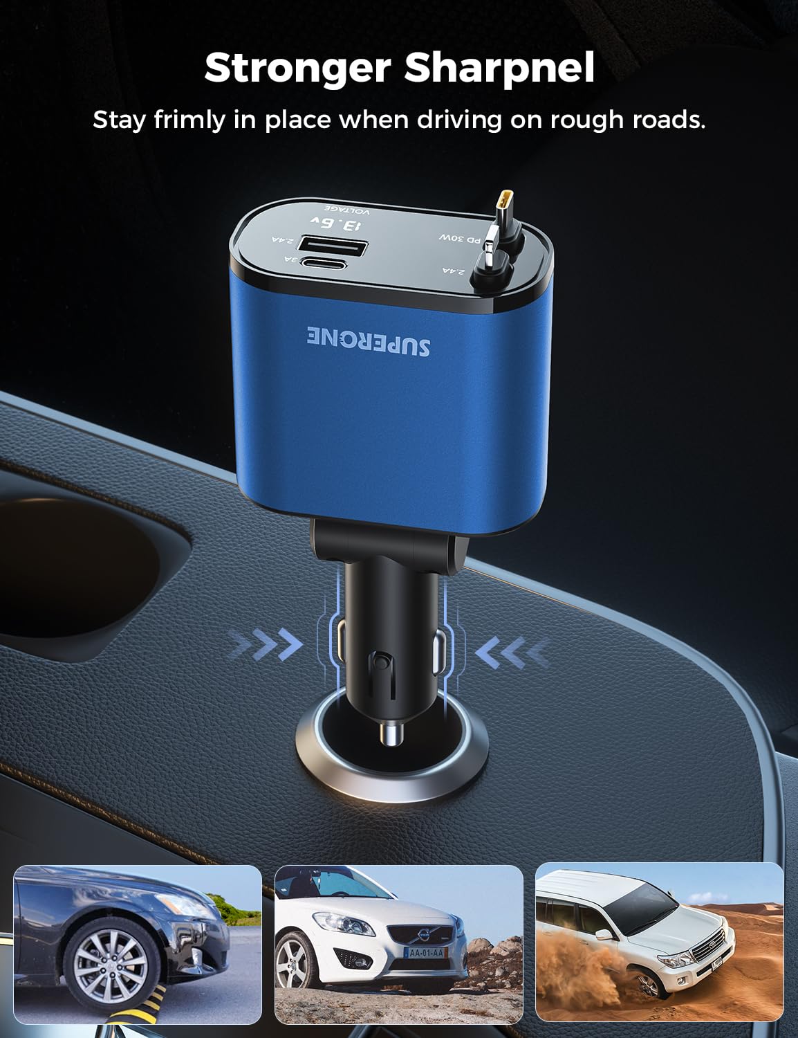 【Upgraded】 SUPERONE Retractable Car Charger 4 in 1, Fast Car Phone Charger with Cord 2.6ft, USB C and Apple Car Adapter, Compatible with iPhone 16 15/15 Pro Max/14/13/12/11, Galaxy, Pixel