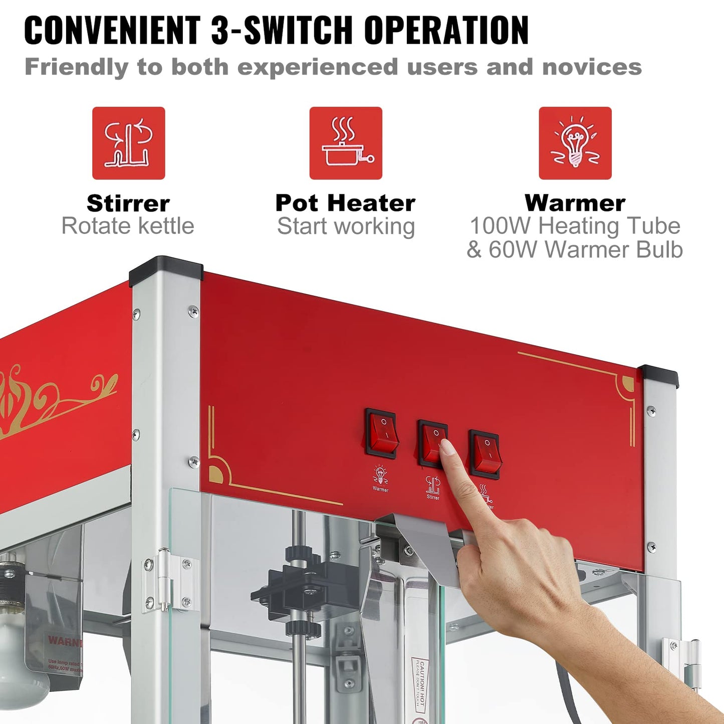 VEVOR Commercial Popcorn Machine, 8 Oz Kettle, 850 W Countertop Popcorn Maker for 48 Cups per Batch, Theater Style Popper with 3-Switch Control Steel Frame Tempered Glass Doors 2 Scoops 2 Spoons, Red