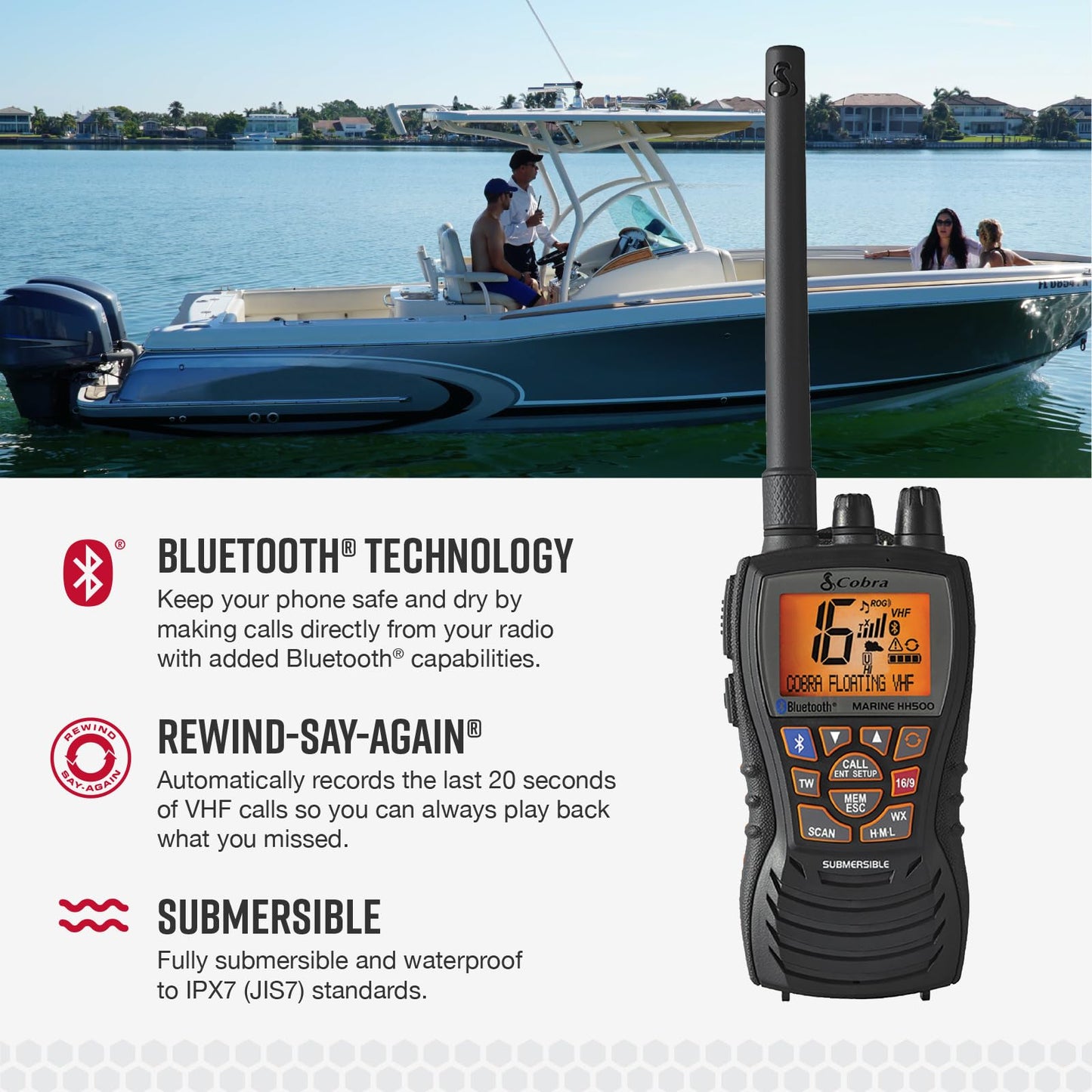 Cobra MR HH350 FLT Handheld Floating VHF Radio - 6 Watt, Submersible, Noise Cancelling Mic, Backlit LCD Display, NOAA Weather, and Memory Scan, Grey