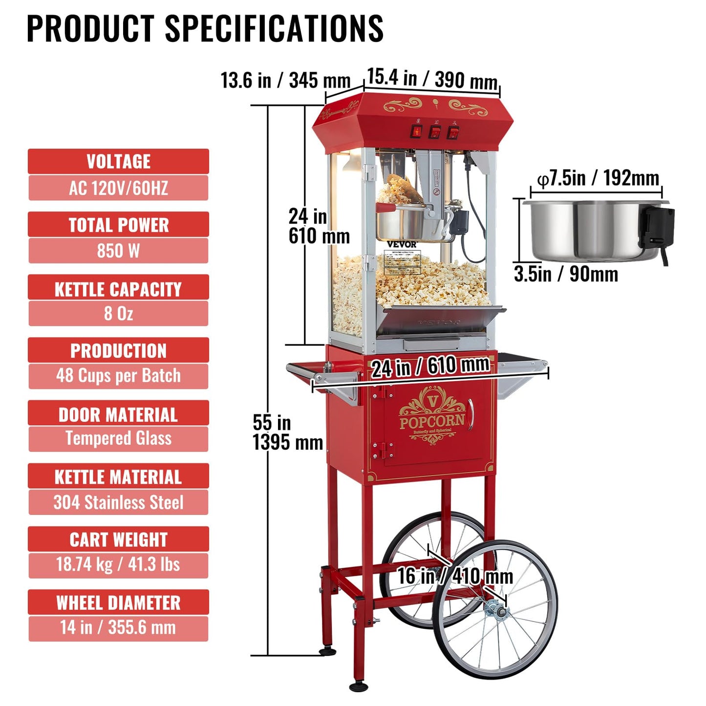 VEVOR Commercial Popcorn Machine, 8 Oz Kettle, 850 W Countertop Popcorn Maker for 48 Cups per Batch, Theater Style Popper with 3-Switch Control Steel Frame Tempered Glass Doors 2 Scoops 2 Spoons, Red