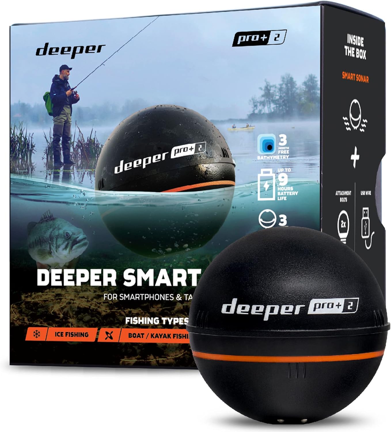 Deeper PRO+ 2 Sonar Fish Finder - Portable Fish Finder and Depth Finder for Kayaks, Boats and Ice Fishing with GPS Enabled | Castable Deeper Fish Finder with Free User Friendly App