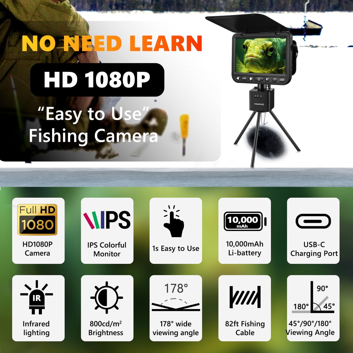 (2025 Upgrade) NO.1 HD 1080P Underwater Fishing Camera, FishPRO® 7'' Camera w/10,000mAh Li-Battery, IR & LED for Dark, USB-C, Portable Fish Finder Camera, 25m/82ft, for Ice Night & Lake Fishing