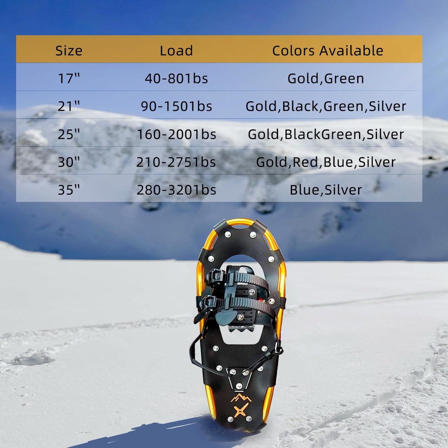 Xtrempro Snowshoes Snow Terrain Lightweight Ergonomic Design Lightweight Aluminum Alloy with 13 Point Crampons 120/160/210/300 lbs. Capacity- 21"/25"/30”/36" (Gold, 21)