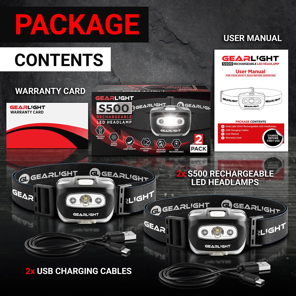 GearLight 2Pack LED Headlamp - Outdoor Camping Head Lamps with Adjustable Headband - Lightweight Battery Powered Bright Flashlight Headlight with 7 Modes and Pivotable Head and Red Light