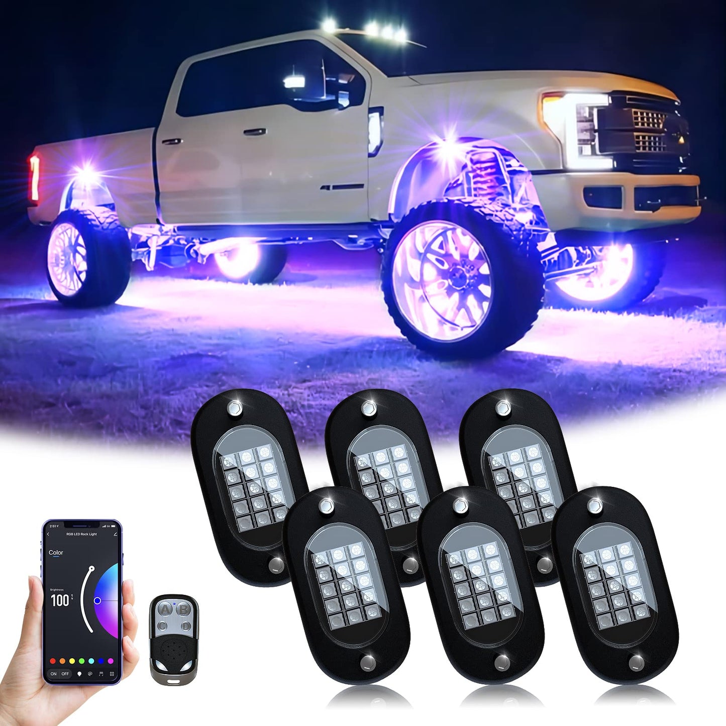 YiLaie RGB LED Rock Lights 14 Pods, 210 LEDs Lights with Phone App/Remote Control & Timing & Music Mode Rock Lights Kits, Waterproof Underglow Light for ATV RZR UTV SUV Off Road AUTO Motorcycle