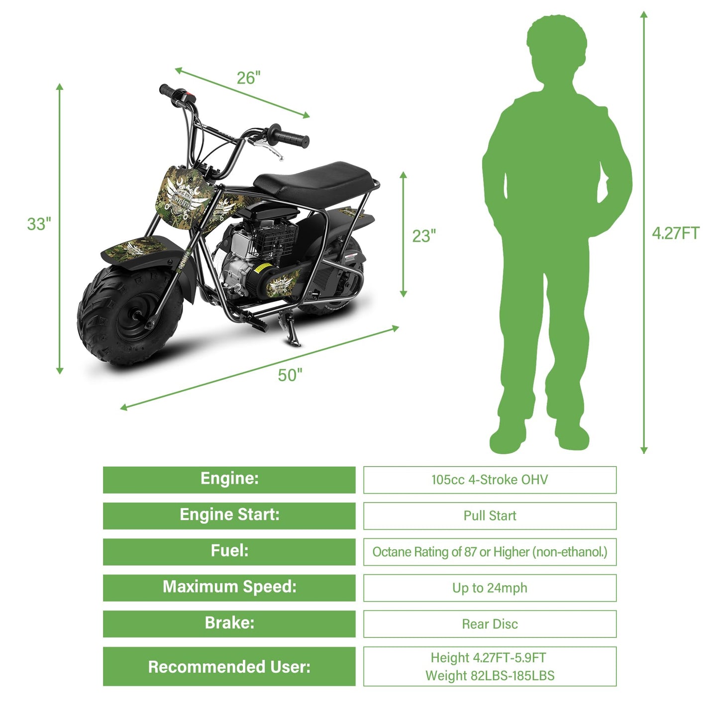 Oryxearth Mini Dirt Bike for Kids, 105CC 4-Stroke Kid Gas Powered Off-Road Pocket Pit Trail Motorcycle W/EPA Approved, Up to 24 Mph Weight Support 185 LBS