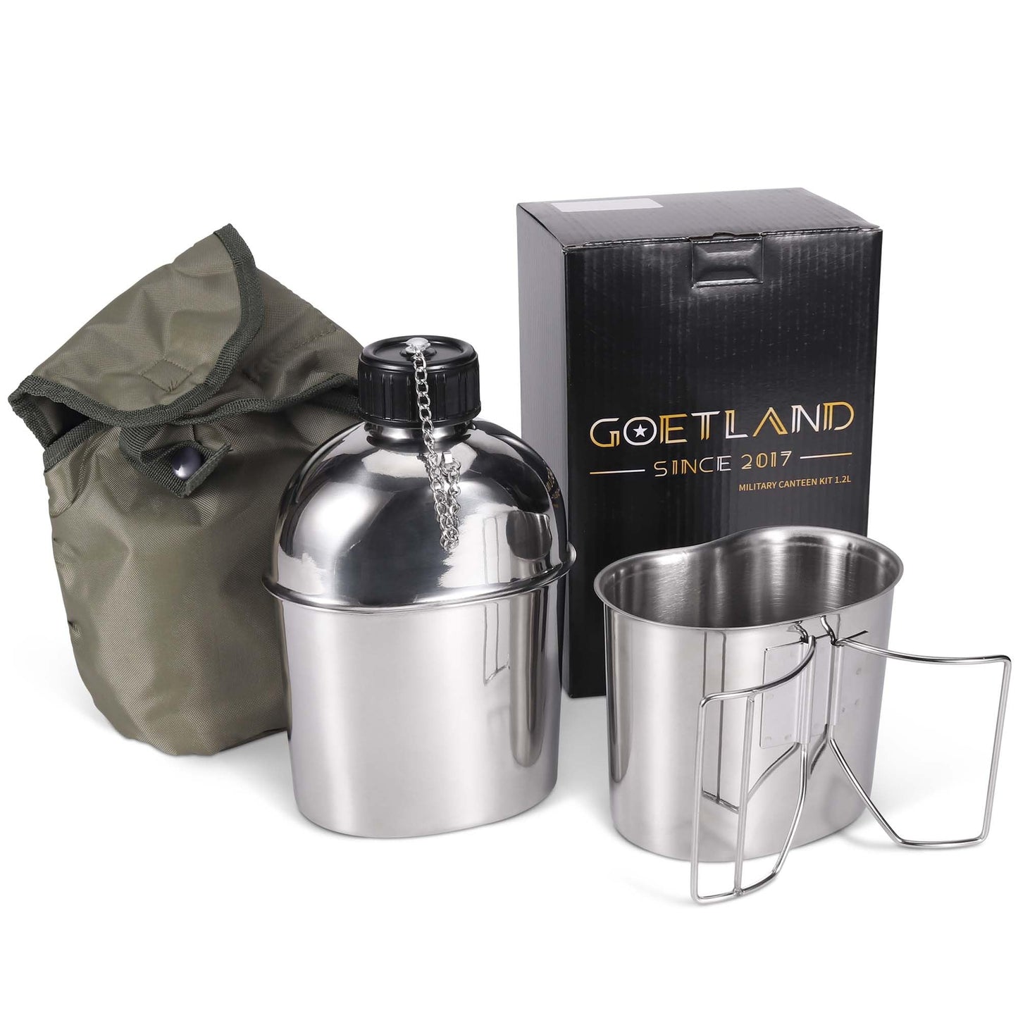 Goetland Stainless Steel WWII US Army Canteen Water Bottle Military Canteen Kit 1QT with 0.5QT Cup Nylon Pouch G.I.