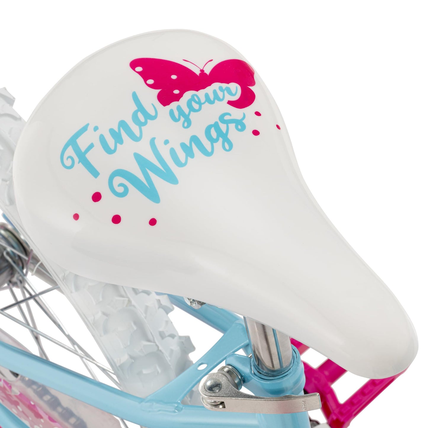 Huffy Illuminate 20” Girl’s Bike, Sky Blue Frame with Butterfly Graphics, Kickstand Included, Streamers and Chain Guard, White Tires and Pink Rims