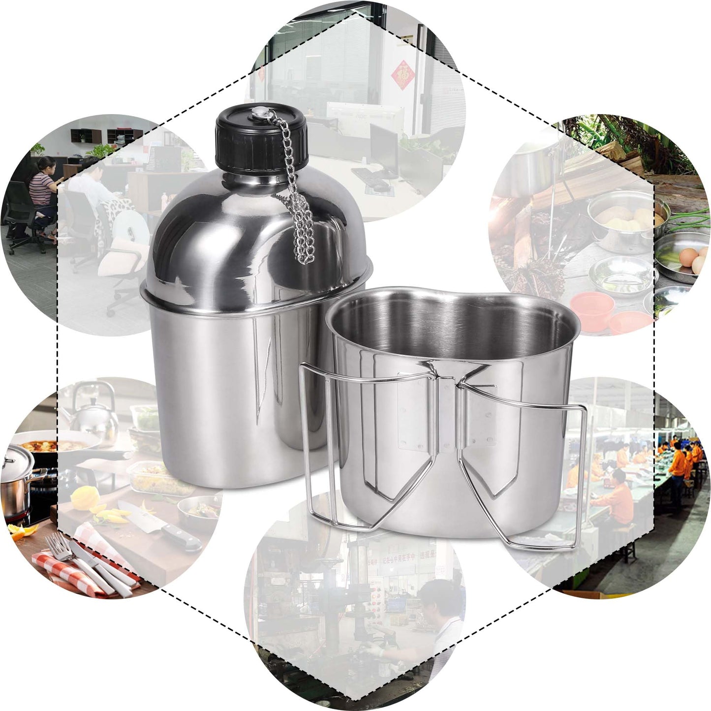 Goetland Stainless Steel WWII US Army Canteen Water Bottle Military Canteen Kit 1QT with 0.5QT Cup Nylon Pouch G.I.