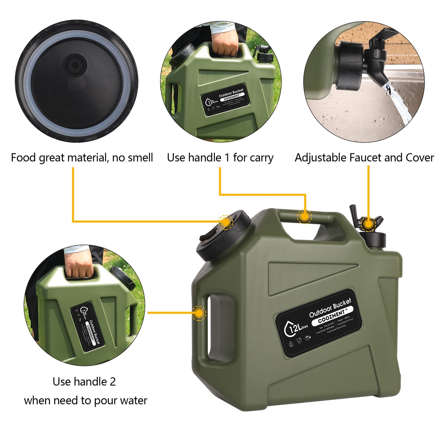 3.2 Gallon/5 Gallon Water Containers with Spigot, BPA Free Water Jug, Military Green Water Tank, Multifunction Water Storage Containers for Camping Outdoor Hiking,Emergency Stroage