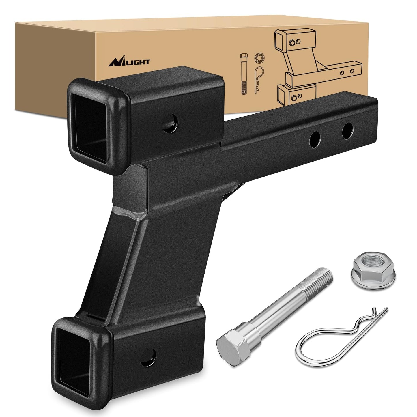 Nilight Trailer Hitch Receiver Extender Adapter Reducer 1-1/4 to 2Inch Hitch Adapter 6-1/2 inch Extension Sleeve Convertor 350Lbs with 1/2-Inch Diameter Pin and Clip with 5/8-Inch Adapter