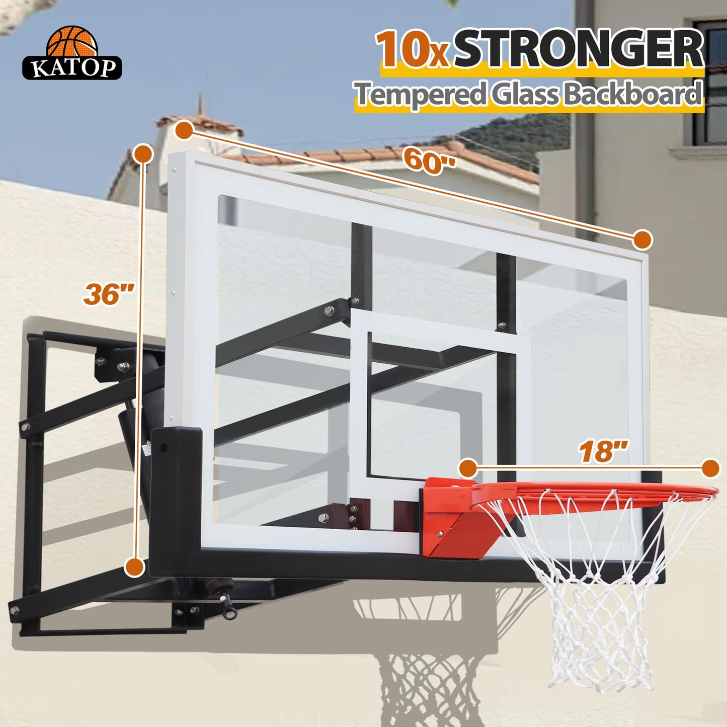 KATOP Basketball Hoop Wall Mount Garage with a 60''x36'' Tempered Glass Backboard, Pre Installed Pads and Heavy Duty Basketball Rim and Net, Effortlessly Height Adjustable from 7.5’’ to 10’’