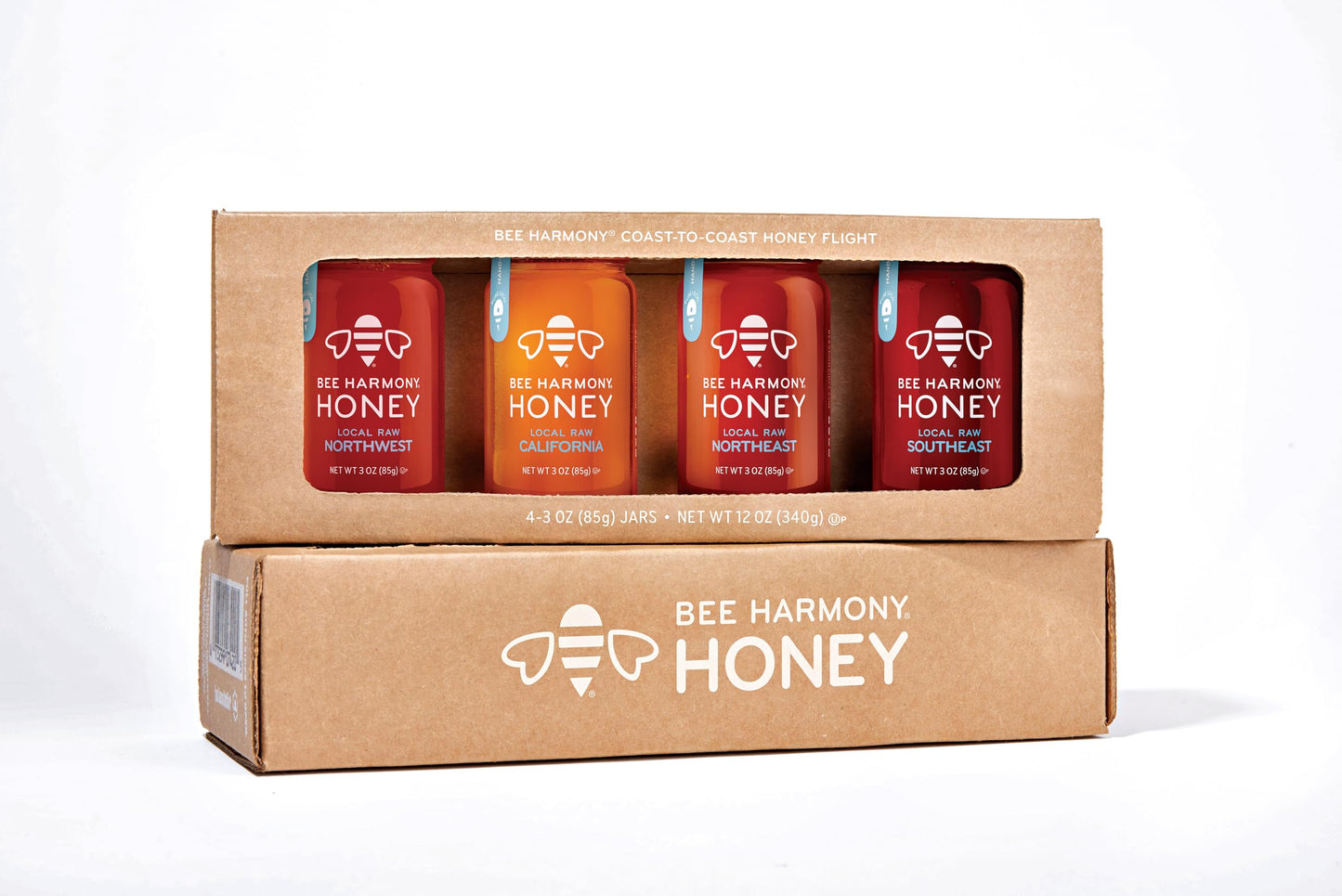 Bee Harmony Classic Honey Flight, Mini Honey Gift Set, 4 Jars, 3 OZ Each, Premium, Raw, Made in the USA