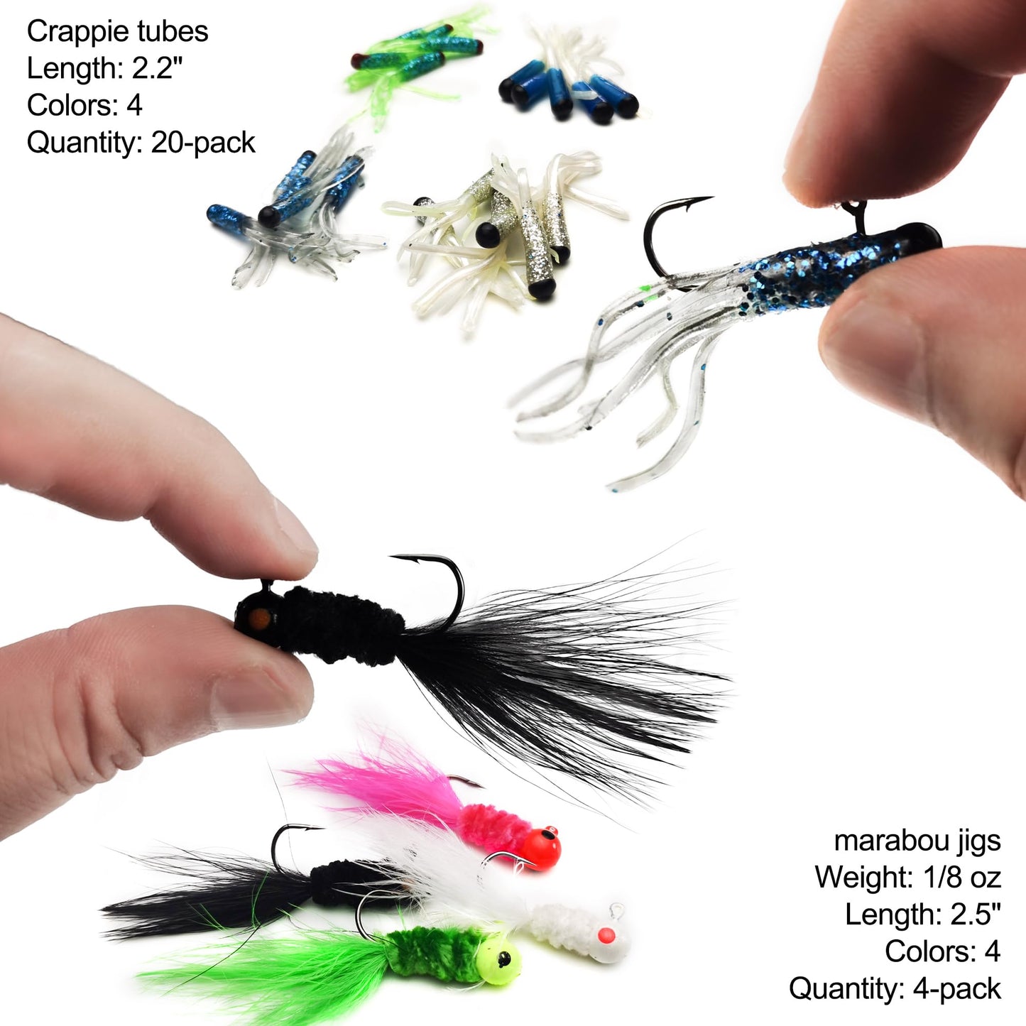 Crappie Lures Tube Lures Jigs Heads Worms Swimbaits Kit, 165, 124, 50 Pcs Pre-Rigged Crappie Jigs Tube Hooks Soft Plastic Grub Worms Baits for Bass Trout Freshwater Saltwater Fishing