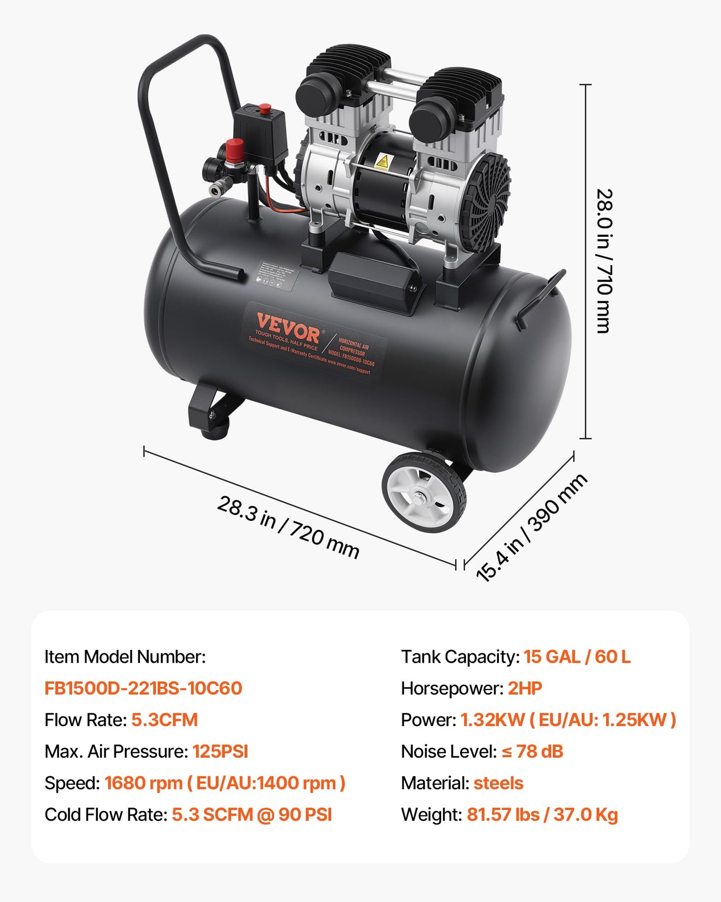 VEVOR 6.3 Gallon Air Compressor, 2 HP 3.35 CFM@90PSI Air Compressors with Max. 116PSI Pressure, Oil Free Compressor Tank for Auto Repair, Tire Inflation, Spray Painting, Woodwork Nailing