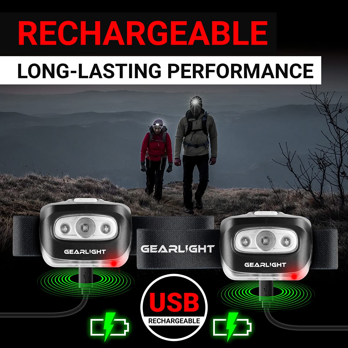 GearLight 2Pack LED Headlamp - Outdoor Camping Head Lamps with Adjustable Headband - Lightweight Battery Powered Bright Flashlight Headlight with 7 Modes and Pivotable Head and Red Light