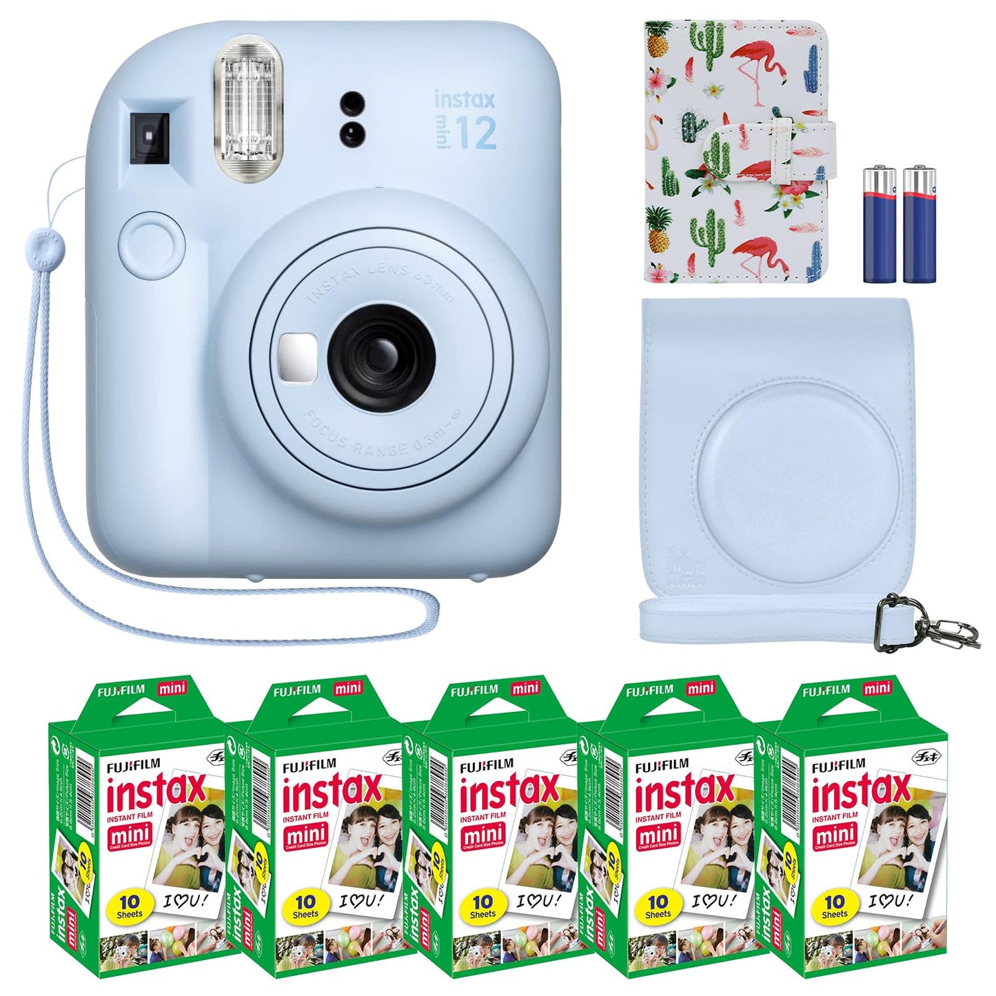 Fujifilm Instax Mini 12 Instant Camera + MiniMate Accessory Bundle & Compatible Custom Case + Fuji Instax Film Value Pack (50 Sheets) Flamingo Designer Photo Album (Pastel Blue)