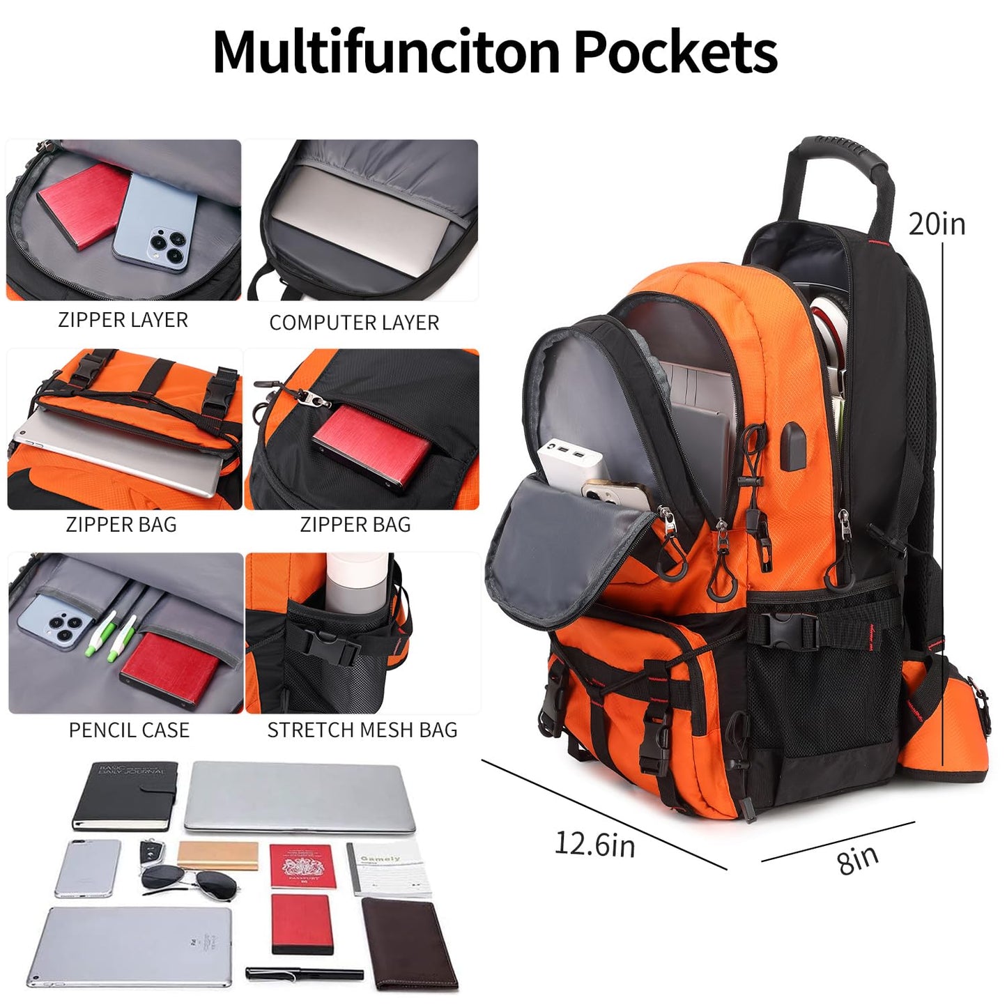 Nerlion 40L Hiking Backpack Travel Backpack for Men Women Camping Waterproof Outdoor Hiking Daypack Lightweight Backpack (Orange)