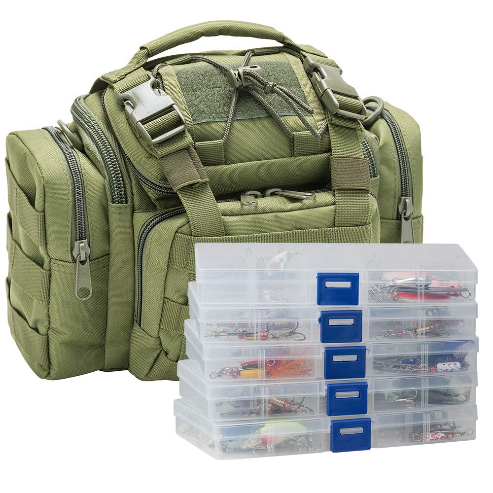 Dr.Fish Fishing Tackle Bag 5 Boxes with 60 Lures Included Loaded Stocked Tackle Box Set Spinner Lures Kit Freshwater Gear Equipment