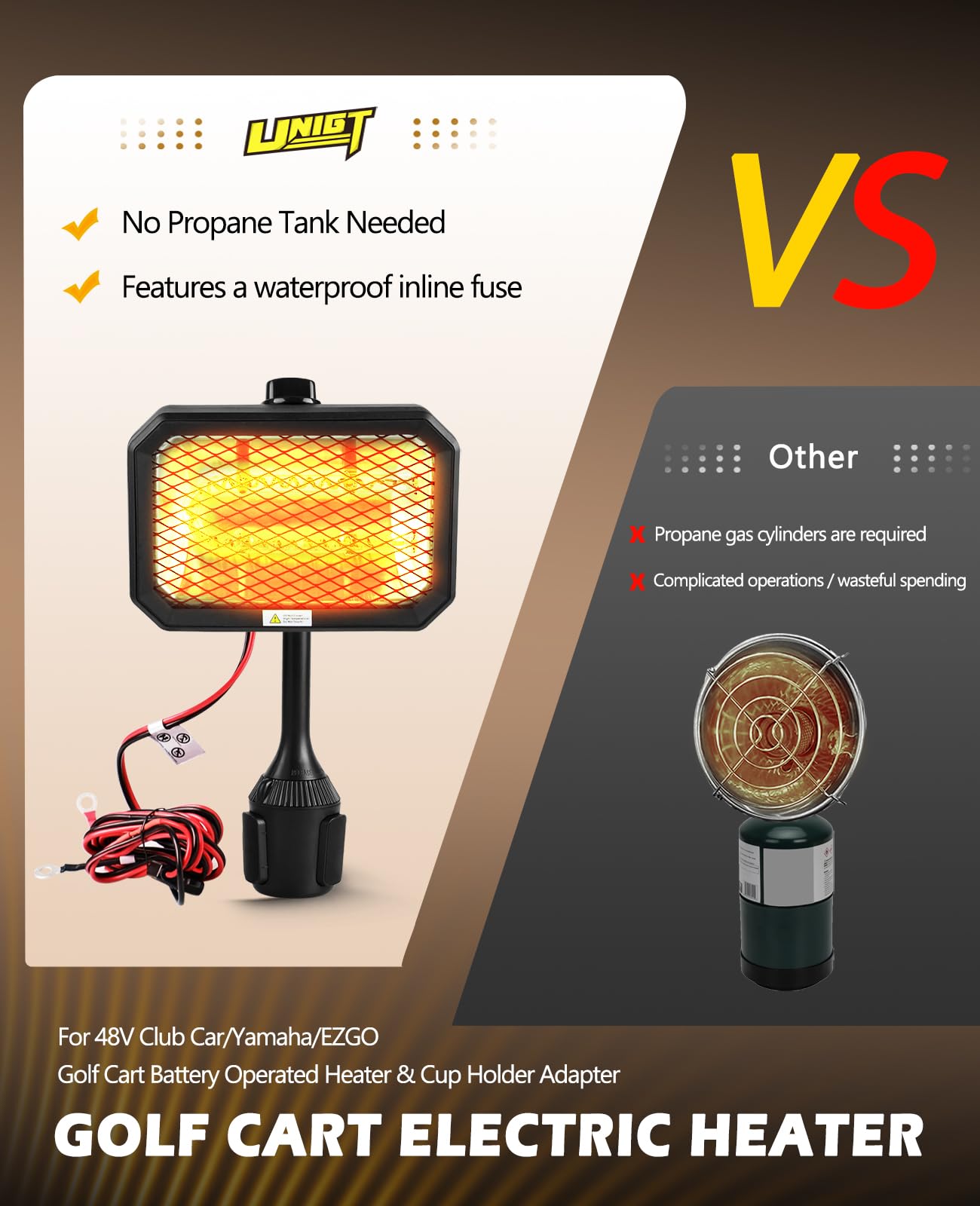 UNIGT Golf Cart Electric Heater, 400W Safe and Quiet Carbon Fiber Heating, Heat Up 120 Square Feet for 48V Club Car/Yamaha/EZGO Golf Cart Battery Operated Heater & Cup Holder Adapter, Black