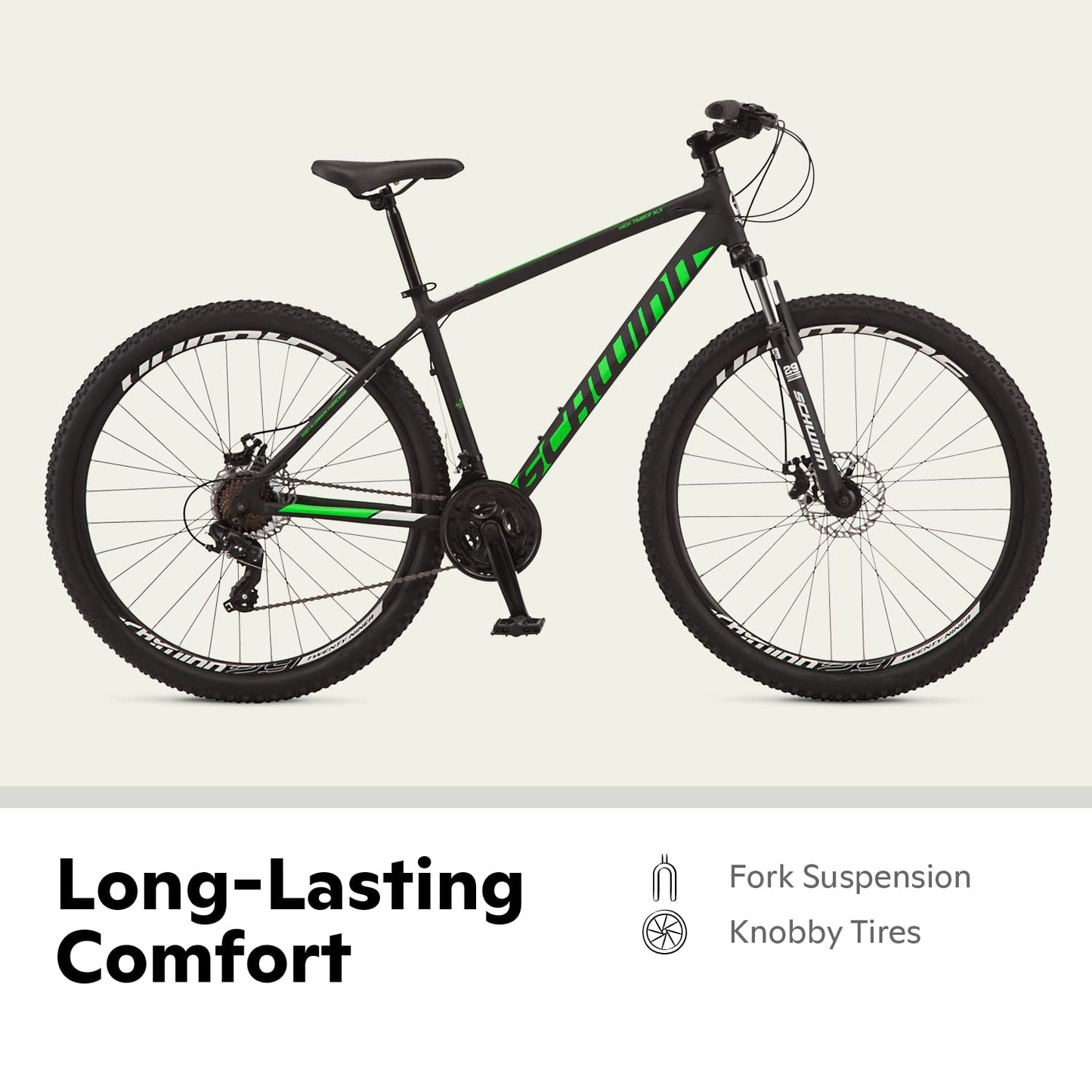 Schwinn High Timber ALX Mountain Bike for Adult Men Women, 29-Inch Wheels, 21-Speeds, Front Suspension, Aluminum Frame, Mechanical Disc Brakes, Black/Green