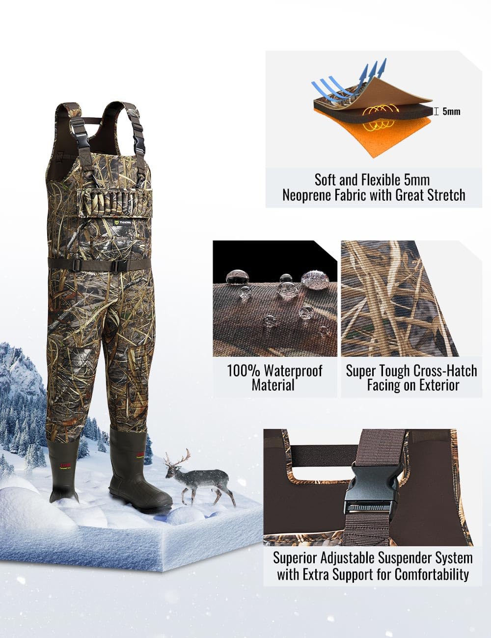TIDEWE Hunting Wader, 5mm Neoprene Chest Waders with 1400 Gram Insulation Rubber Boots, Waterproof and Seam Sealed Bootfoot Chest Wader for Fishing, Hunting (Next Camo Evos Size 10)